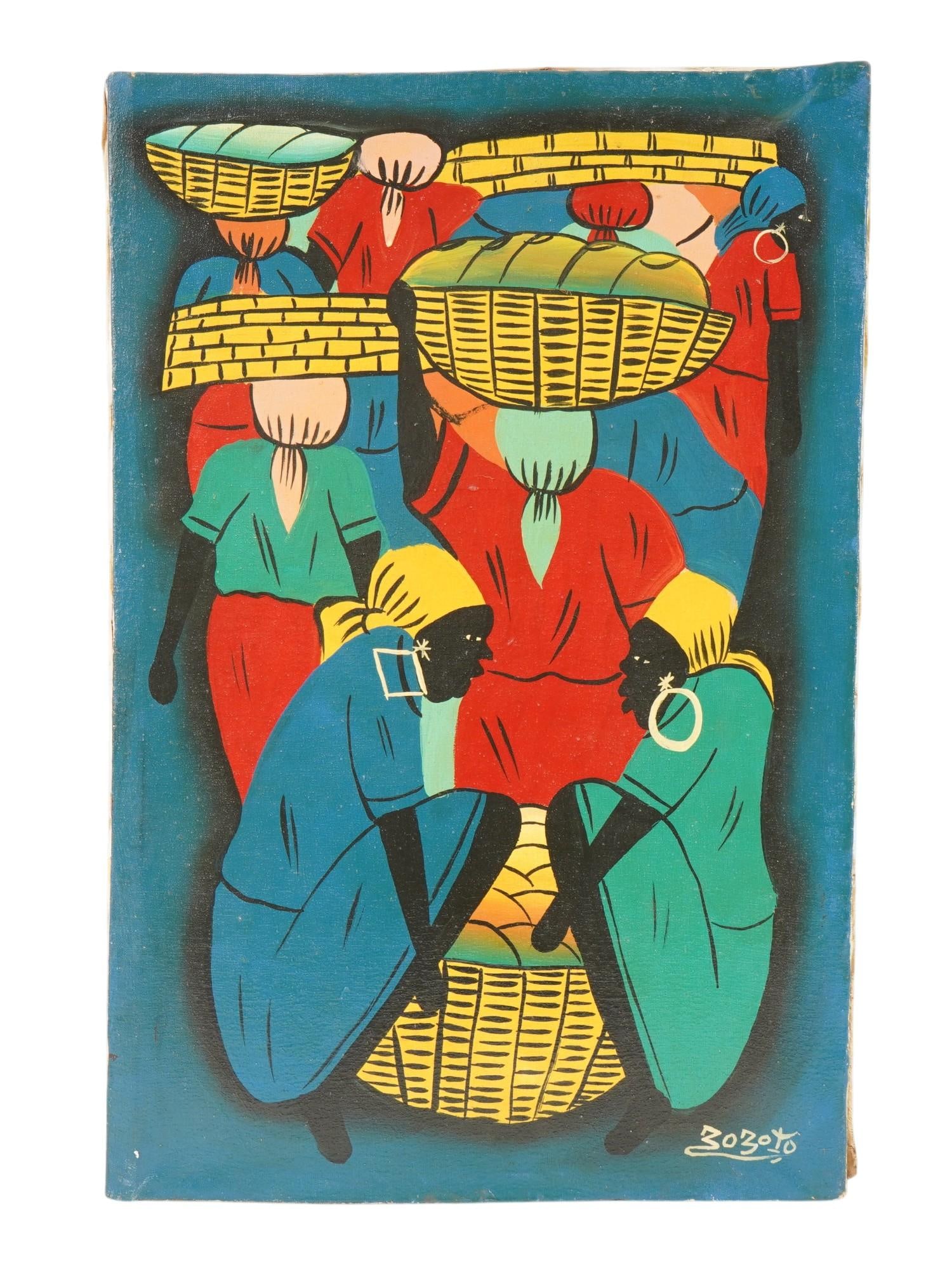 MODERN HAITIAN PAINTING ON CANVAS BY ZOZOTO: A modern Haitian oil painting on canvas by the artist Zozoto, signed lower right. The composition features lively, densely populated marketplace scenes. Modern Paintings And Art Collectibles. THIS LOT