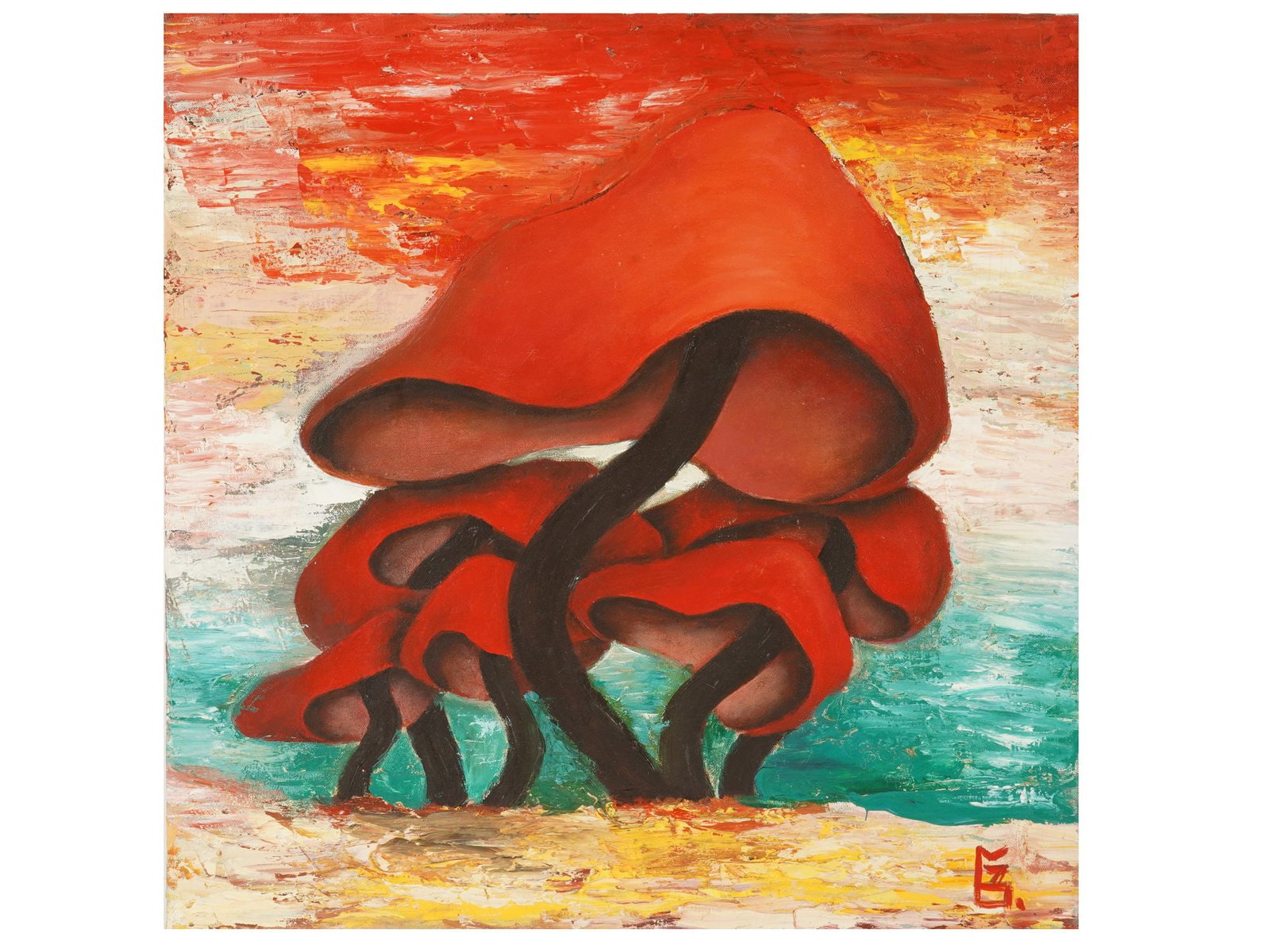 MODERN OIL PAINTING ON CANVAS RED MUSHROOMS: A modern oil painting on canvas depicting stylized red mushrooms set against a vibrant, textured background, signed with initials in the lower right. Modern Paintings And Art Collectibles. THIS LOT IS