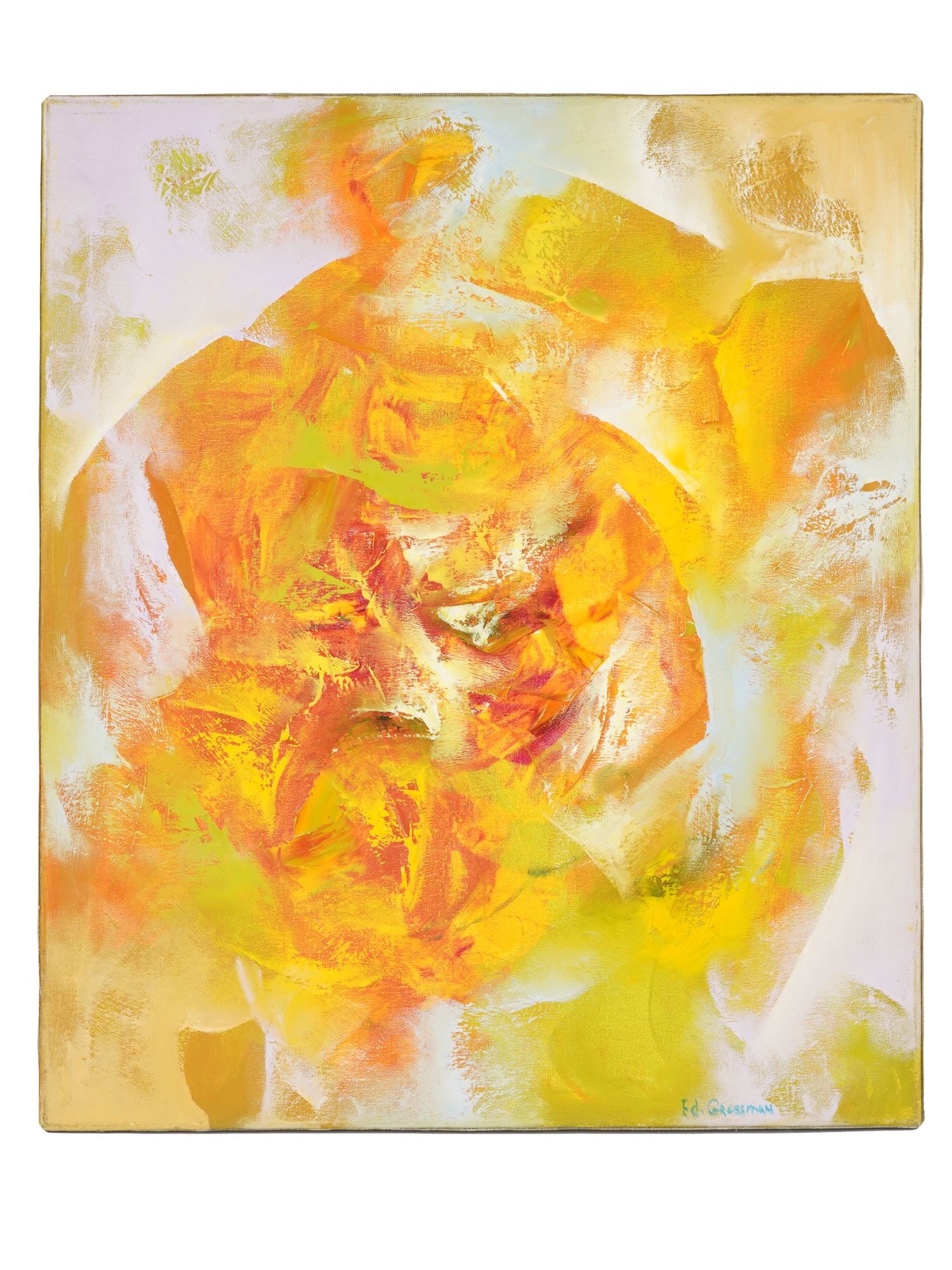 MODERN ABSTRACT OIL PAINTING BY ED. GROSSMAN: A modern abstract oil painting on canvas by Ed. Grossman, signed lower left. The composition features a radiant palette of intense yellows and oranges applied in thick, gestural impasto. Modern Painti