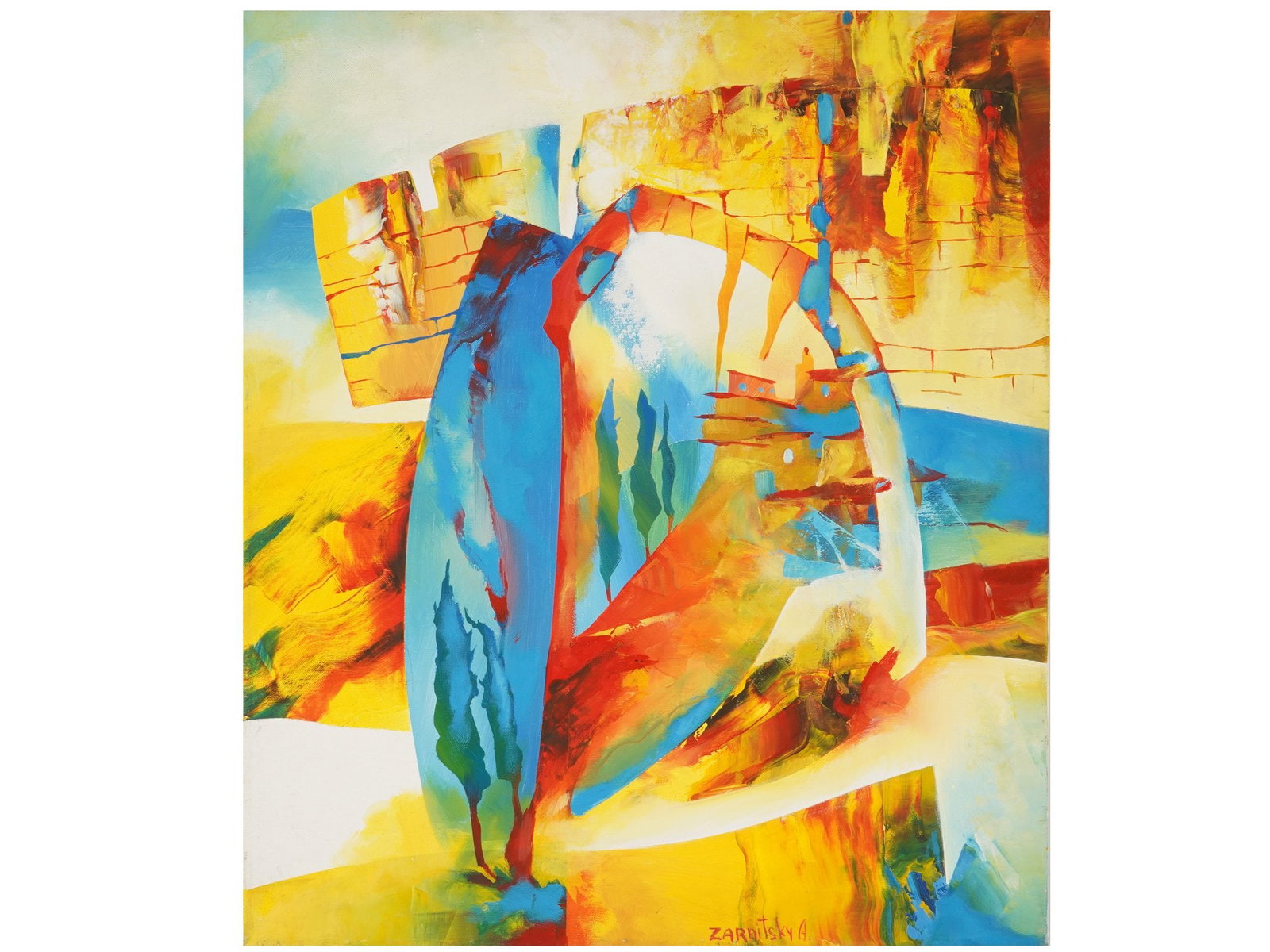 ISRAELI OIL ABSTRACT PAINTING BY ANNA ZARNITSKY: An oil on canvas painting by Anna Zarnitsky, Israeli, b. 1964. Signed lower right. Additionally signed and titled Jaffa Gate on the back side. The painting depicts a vibrant abstract composition chara