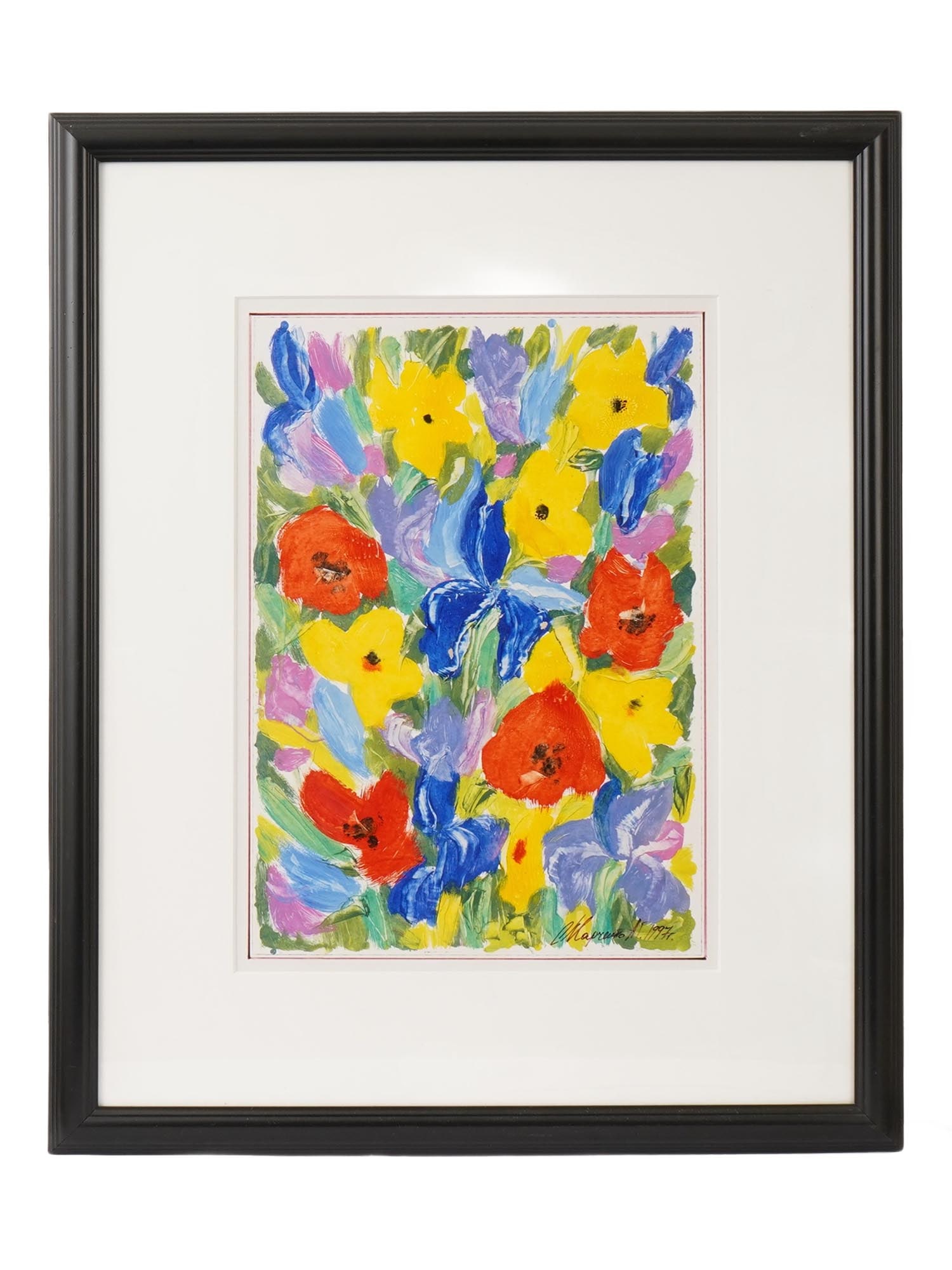 VITALI MARCHENKO UKRANIAN FLORAL OIL PAINTING: Vitali Marchenko, Ukranian, 20th century, oil on paper painting. The artwork depicts a flower bush. Signed and dated 1997 in the lower right. Matted and framed. Provenance: Collection of Margo Grant, 