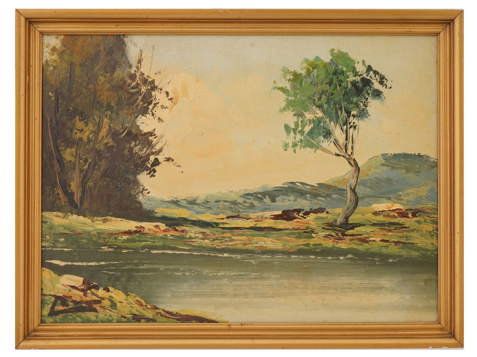 VINTAGE MID CENT OIL ON CANVAS LANDSCAPE PAINTING: A vintage mid-century landscape painting, executed in oil on canvas, depicts a serene riverside scene under a soft sky. The composition features a dense thicket of trees to the left balanced by a sing