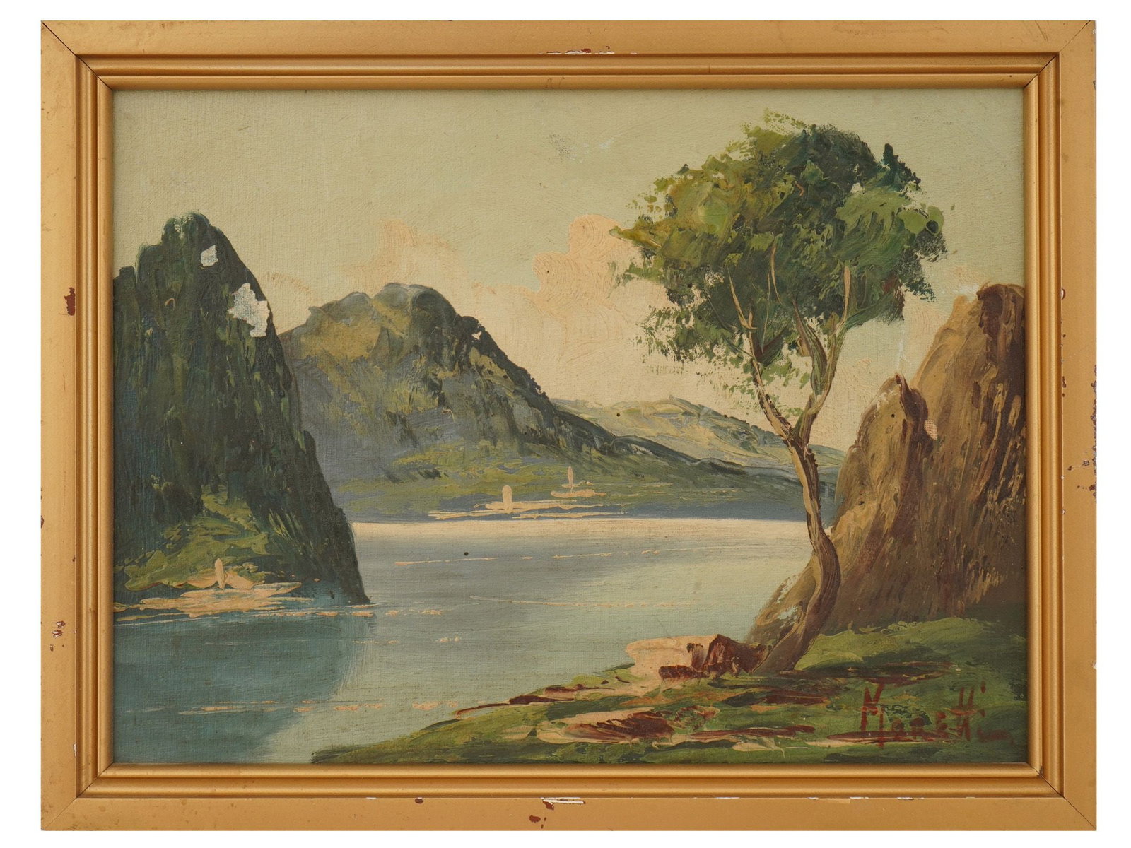 ITALIAN LANDSCAPE OIL PAINTING SIGNED BY MORETTI: A 20th century Italian oil painting on masonite board depicting a mountain river landscape. Signed by the artist, Moretti, lower right. Framed. Antique and Vintage European Fine Art, Landscape Oil Pai