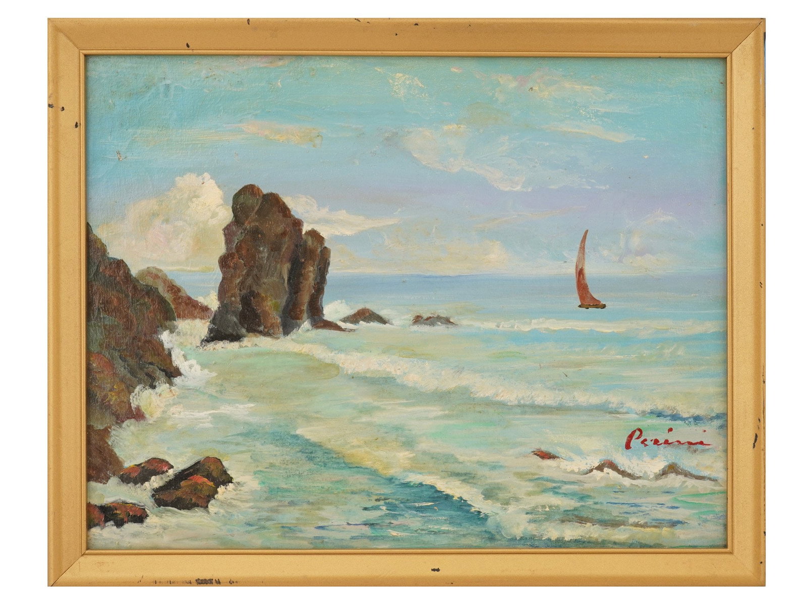 EUROPEAN SCHOOL SEASCAPE OIL PAINTING SIGNED BY ARTIST: A European School oil painting on masonite board depicting a coastal seascape with a boat. Signed by the artist probably Perini, lower right. Framed. Modernist and Contemporary Fine Art, Seascape and 