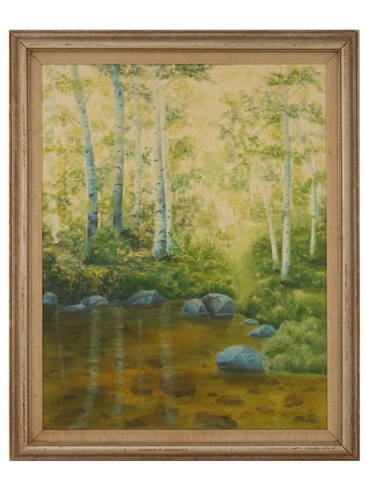 VINTAGE LANDSCAPE OIL PAINTING BY A. R. KORIS: Oil painting on canvas. View of a birch grove pond. Signed by the artist on the lower left, A.R. Koris. Circa the mid-20th century. Framed. Collectible Fine Art, Figurative Painting, Landscape, Wall D