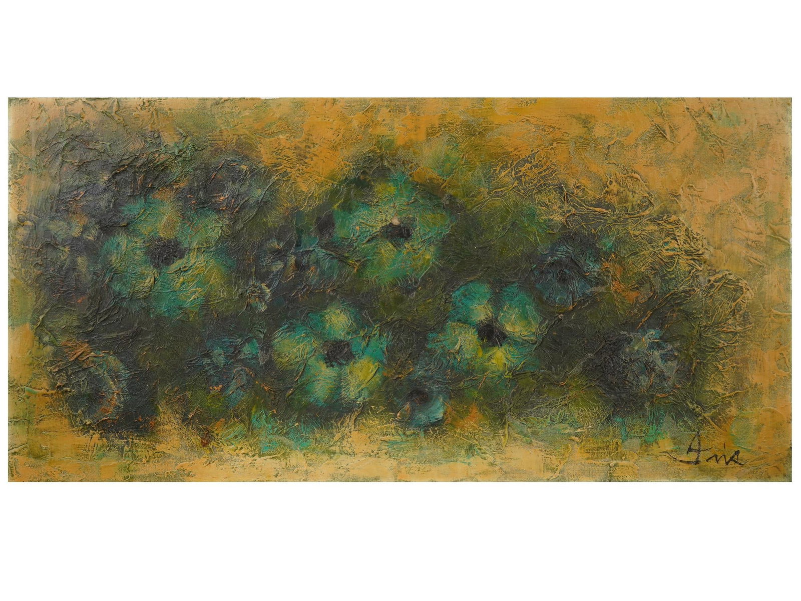 VINTAGE DECORATIVE FLORAL OIL PAINTING SIGNED: Oil painting on canvas. Richly textured abstract floral composition executed in a bold impasto technique with palette knife work. Rather than depicting flowers with botanical precision, the artist dis