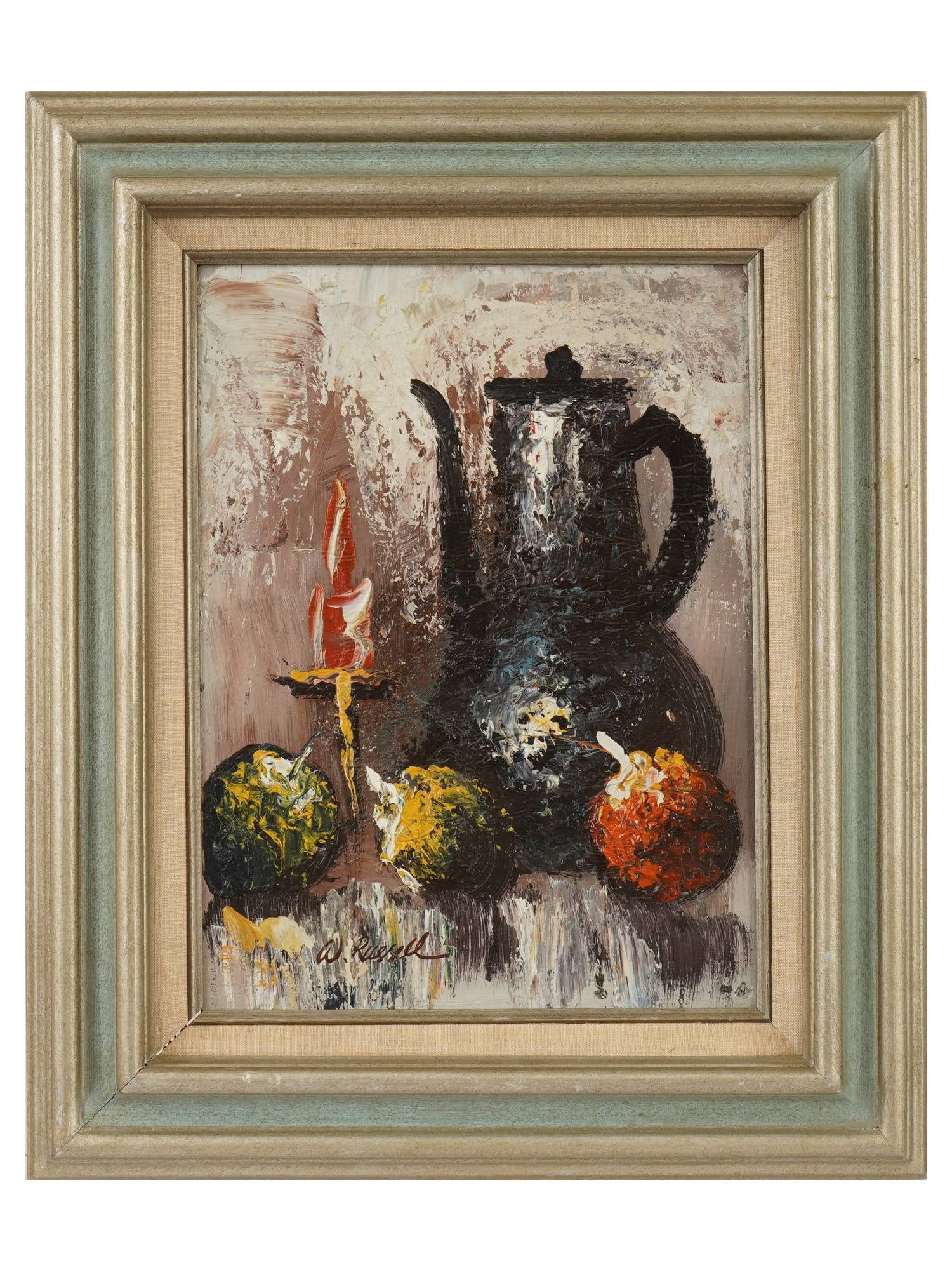 VINTAGE STILL LIFE OIL PAINTING SIGNED W. RUSSEL: Oil painting on canvas. Still life with a pitcher, apples, and candlestick. Impasto technique executed with the use of the palette knife. Signed lower left, W. Russel. Framed. Collectible Fine Art, Co