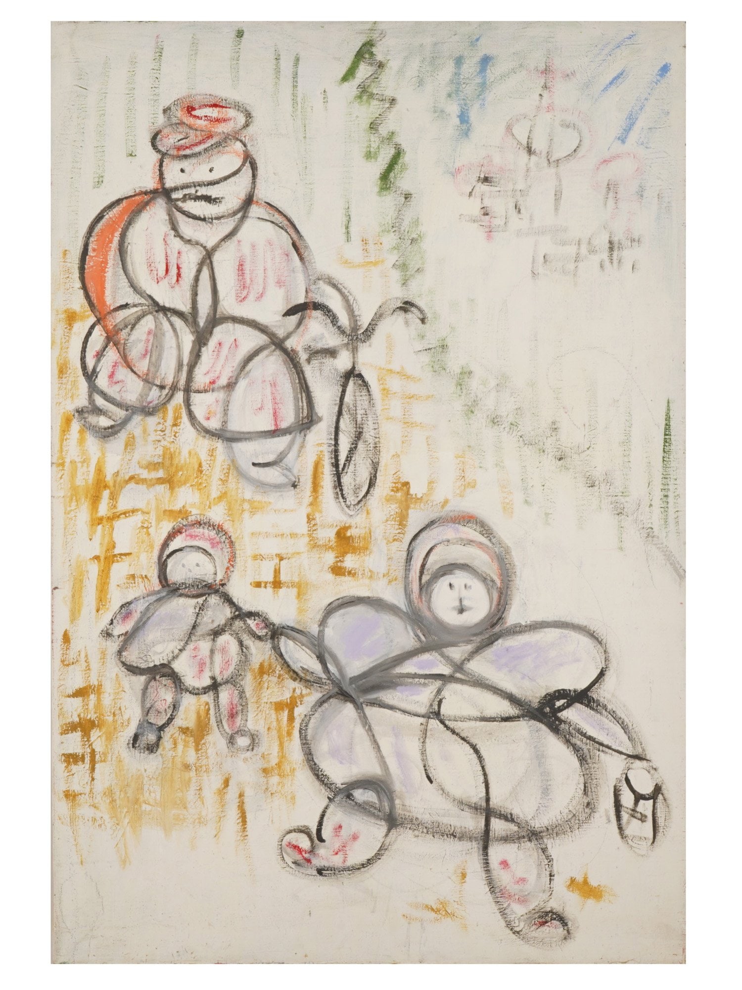 KAYO LENNAR FRENCH AMERICAN ABSTRACT OIL PAINTING: Kayo Lennar, French-American, born 1923, oil painting on canvas. Abstract sketch-like depiction of a family of three. Signed, dated 1978, and titled Pointe-au-Pic on the backside. Unframed. Collectibl