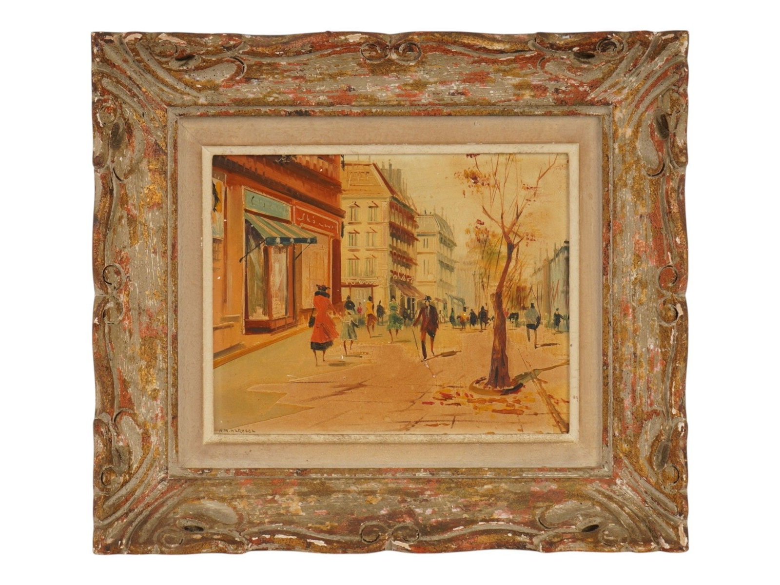 VIEW OF PARIS OIL PAINTING SIGNED M. MARESCA: Oil painting on board. The artwork depicts a street scene in Paris, France. Executed with the use of brush handle. Signed A.M. Maresca lower left. Dated mid-20th century. Titled A Street in Paris. Fra