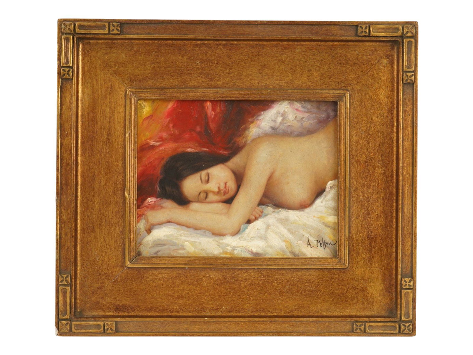 SLEEPING NUDE OIL PAINTING SIGNED A. PELTON: Oil painting on board. The artwork depicts a close-up of a reclining female nude. Signed A. Pelton lower right. Ca. mid to late 20th century. Framed. Collectible Fine Art, Portraiture, Erotica, Figura