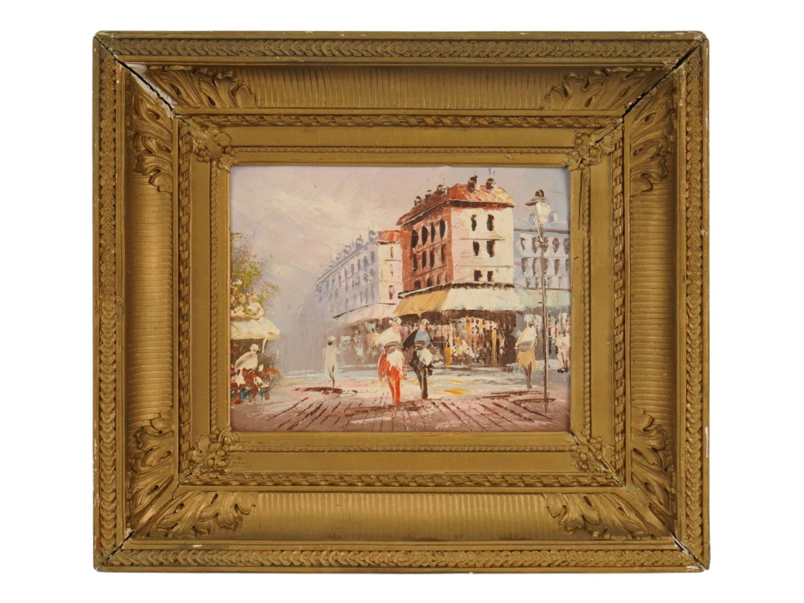 IMPRESSIONIST VIEW OF PARIS OIL PAINTING FRAMED: Oil painting on board. The artwork depicts a street scene in Paris, France. Impasto technique, textured palette knife style. Unsigned. Ca. mid to late 20th century. Framed. Collectible Cityscape, Fine
