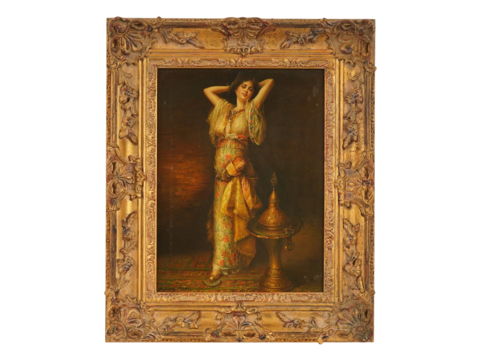 AFTER FRANCISCO MASRIERA Y MANOVENS PORTRAIT PAINTING: After, Francisco Masriera y Manovens, Spanish, 1842 to 1902, oil painting on board. After the 1898 full-length female portrait in Orientalist style. Signed lower left, N. Bingham. Framed. Francisco Ma