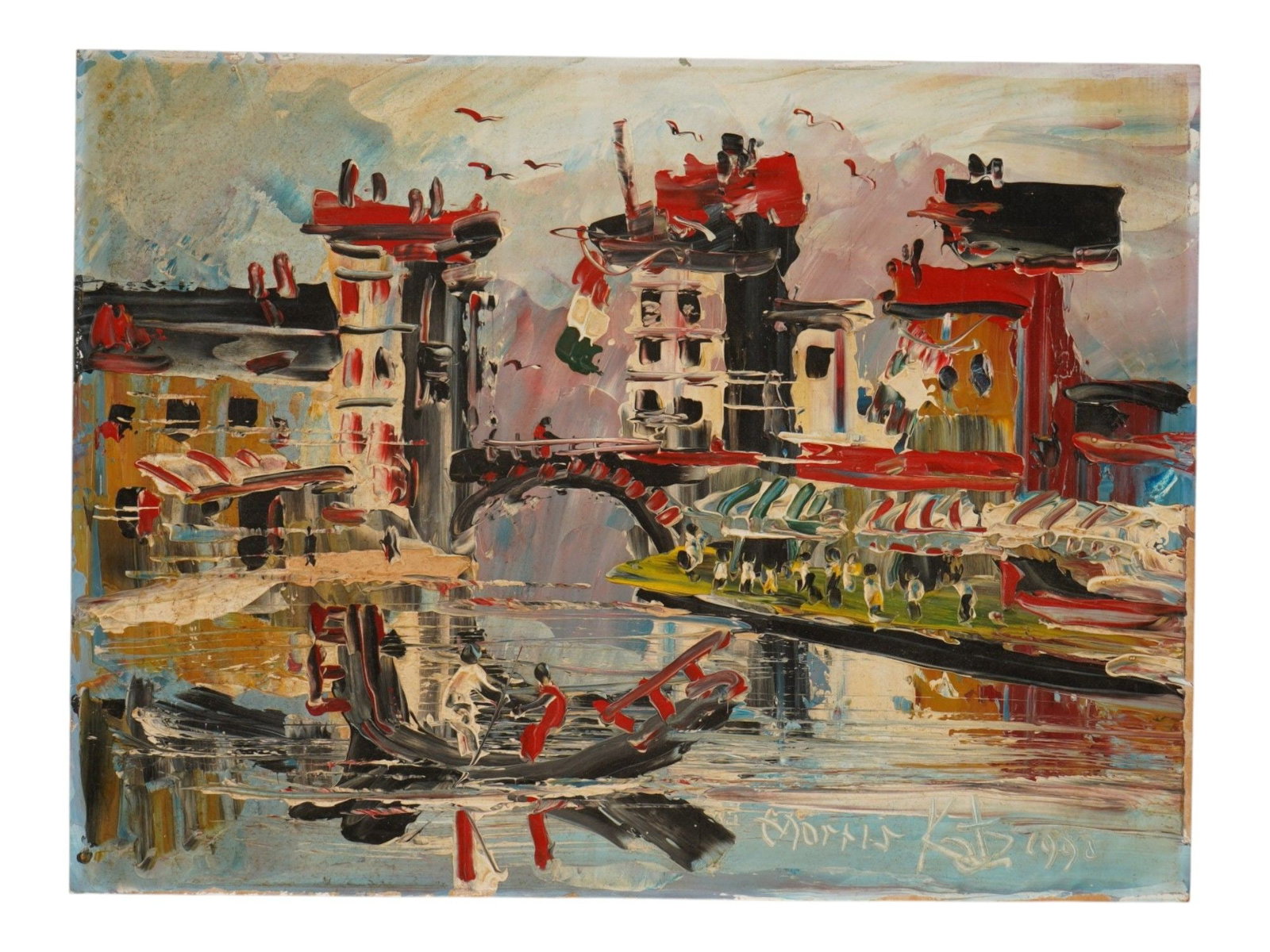 MORRIS KATZ ITALIAN SEASCAPE OIL PAINTING: Morris Katz, Polish-American, 1932 to 2010, oil on board painting. The artwork depicts a town bridge and gondola on water. Impasto technique with the use of palette knife. Signed and dated 1990 in the