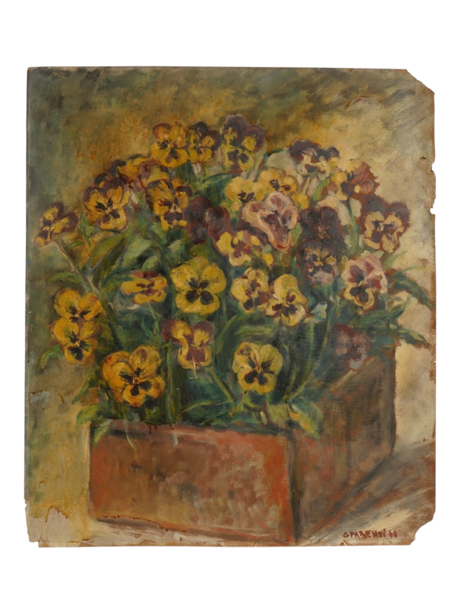 VINTAGE EUROPEAN OIL PAINTING W PANSIES BY G PARENTI: A vintage European oil on board still life painting. The artwork depicts yellow and purple pansies in a box executed in a warm color palette. Signed G. Parenti and dated, presumably 1946 lower right. 