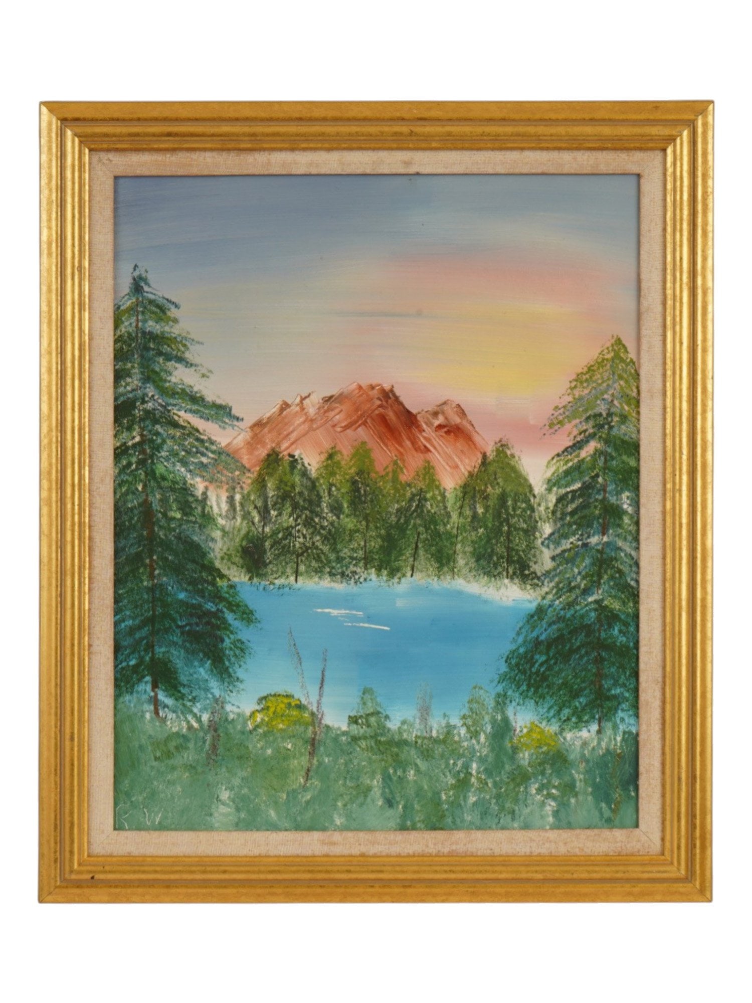 VINTAGE AMERICAN PRIMITIVIST OIL LANDSCAPE PAINTING: A vintage American Primitivist oil on canvas landscape painting. The painting depicts a forested landscape with a lake and mountains, executed in vibrant colors in a Primitive style. Signed with the a