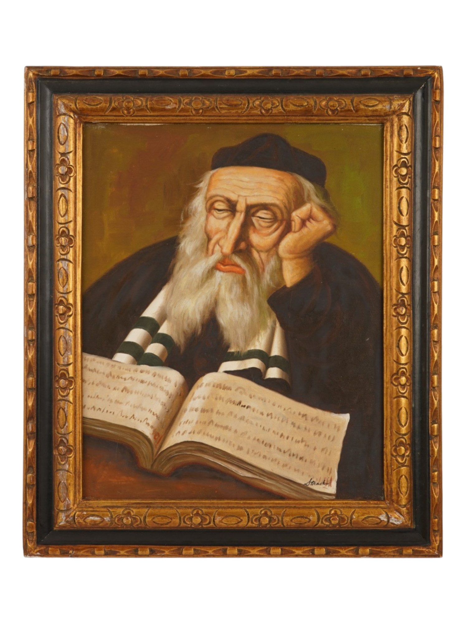 ANTIQUE JUDAICA RABBI PORTRAIT OIL PAINTING: Oil on canvas painting. European, early-to mid 20th century. The artwork represents a portrait of a reading rabbi. Illegible signature lower right. Collectible Fine Art, Judaica, Portraiture. THIS LOT