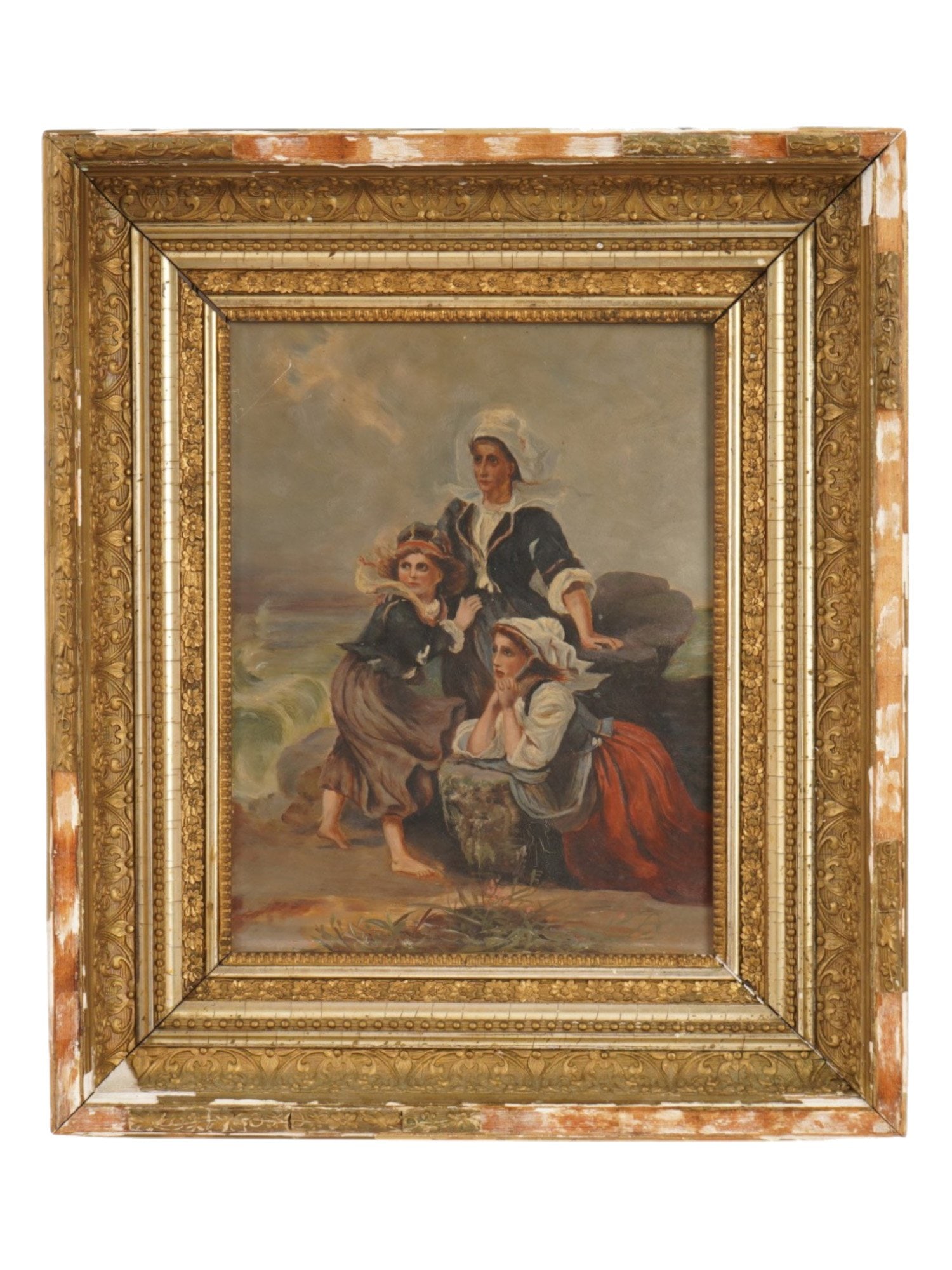 ANTIQUE BRITISH SCHOOL OIL GENRE SCENE PAINTING: An antique British school oil on wood board genre scene painting, Mother and Children at the Seaside. Unsigned. The artwork depicts a dramatic coastal scene with three female figures on the seashore, 