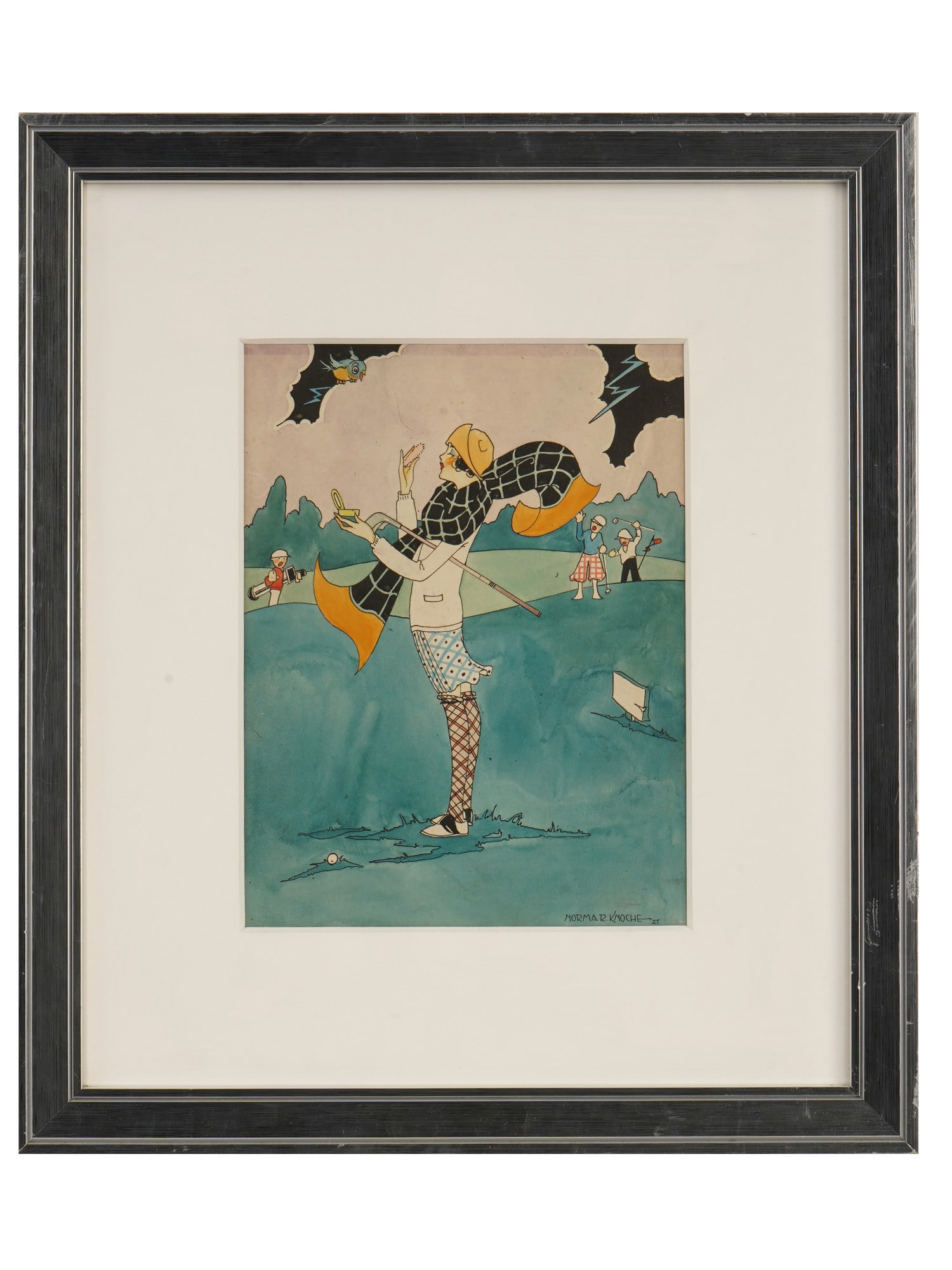 ANTIQUE ART DECO MIX MEDIA PAINTING BY NORMA R KNOCHE: An antique Art Deco mixed media on canvas painting by Norma R Knoche. The painting is a satirical illustration and depicts a smartly dressed girl touching up her makeup on a golf course. Signed and da