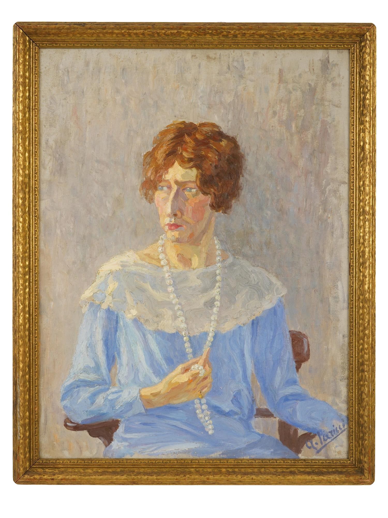 ITALIAN US OIL PORTRAIT PAINTING BY ARDUINO IARICCI: An oil on canvas portrait painting by Arduino Iaricci, 1888 to 1967, Italian born American artist. The painting depicts a seated woman in a three-quarter view, executed with visible, textured brushwor