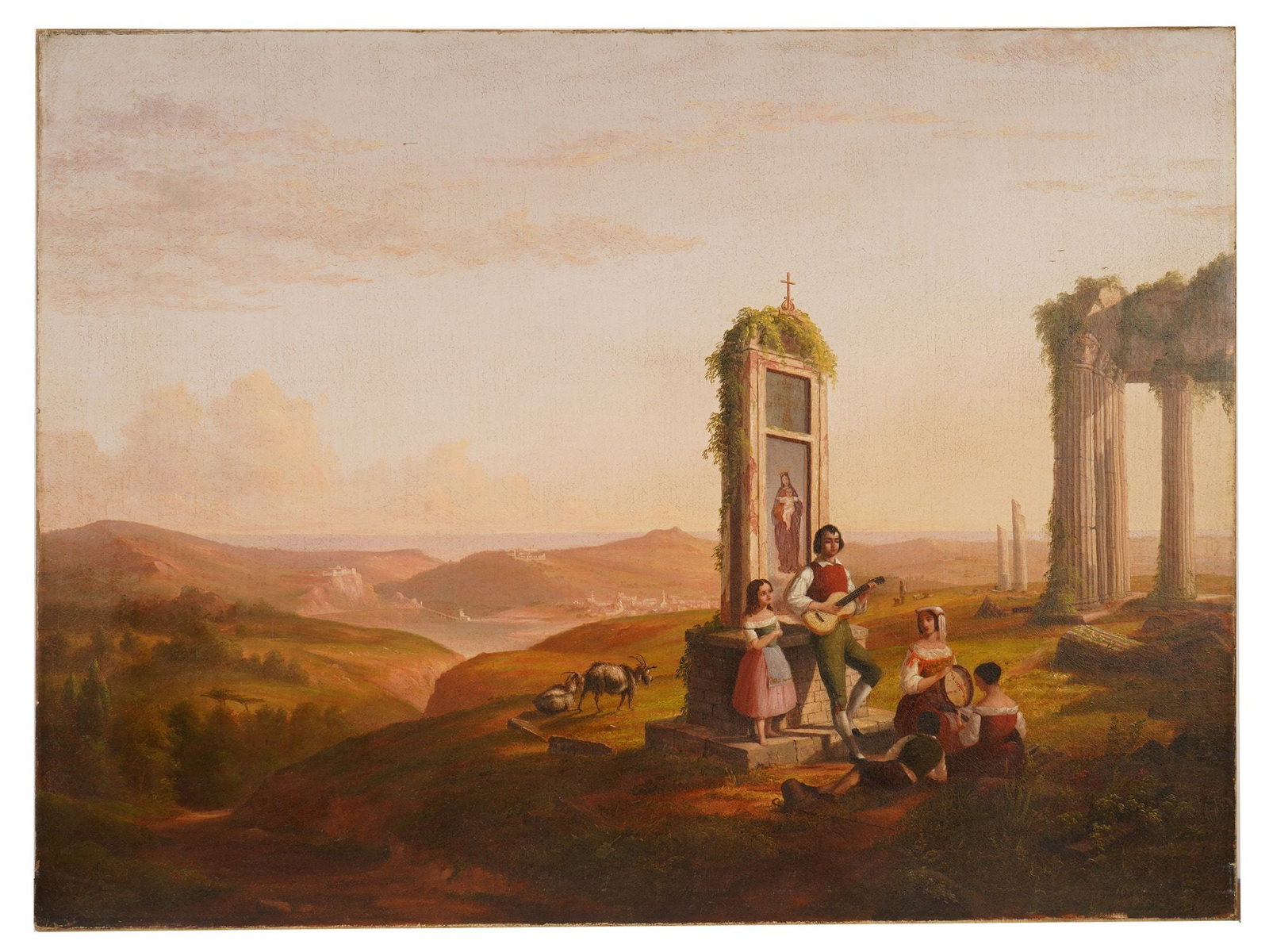 ANTIQUE OIL PAINTING BY JASPER CROPSEY AFTER T COLE: An antique oil on canvas Italian View Scene painting by Jasper Francis Cropsey, 1823 to 1900, after Thomas Cole, 1801 to 1848. Both were prominent members of the American Hudson River School. The pain