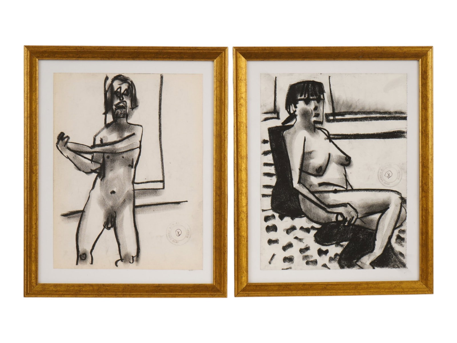 JOHN SWINTON CANADIAN NUDE CHARCOAL DRAWINGS: John Donald Swinton, Canadian, born 1952, pair of charcoal drawings on paper. Male and female nude figures. Signed embossed mark to the right of both artworks. Undated. Framed. John Swinton is a self-