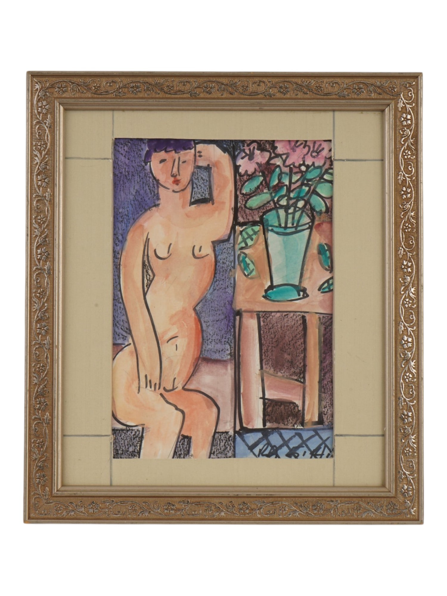 VINTAGE EUROPEAN FEMALE NUDE PORTRAIT PRINT: A vintage European female nude portrait print. The artwork depicts a Fauvist-style interior scene that combines the motifs of a female nude and a bouquet of flowers in a vase on a table. Signed lower 