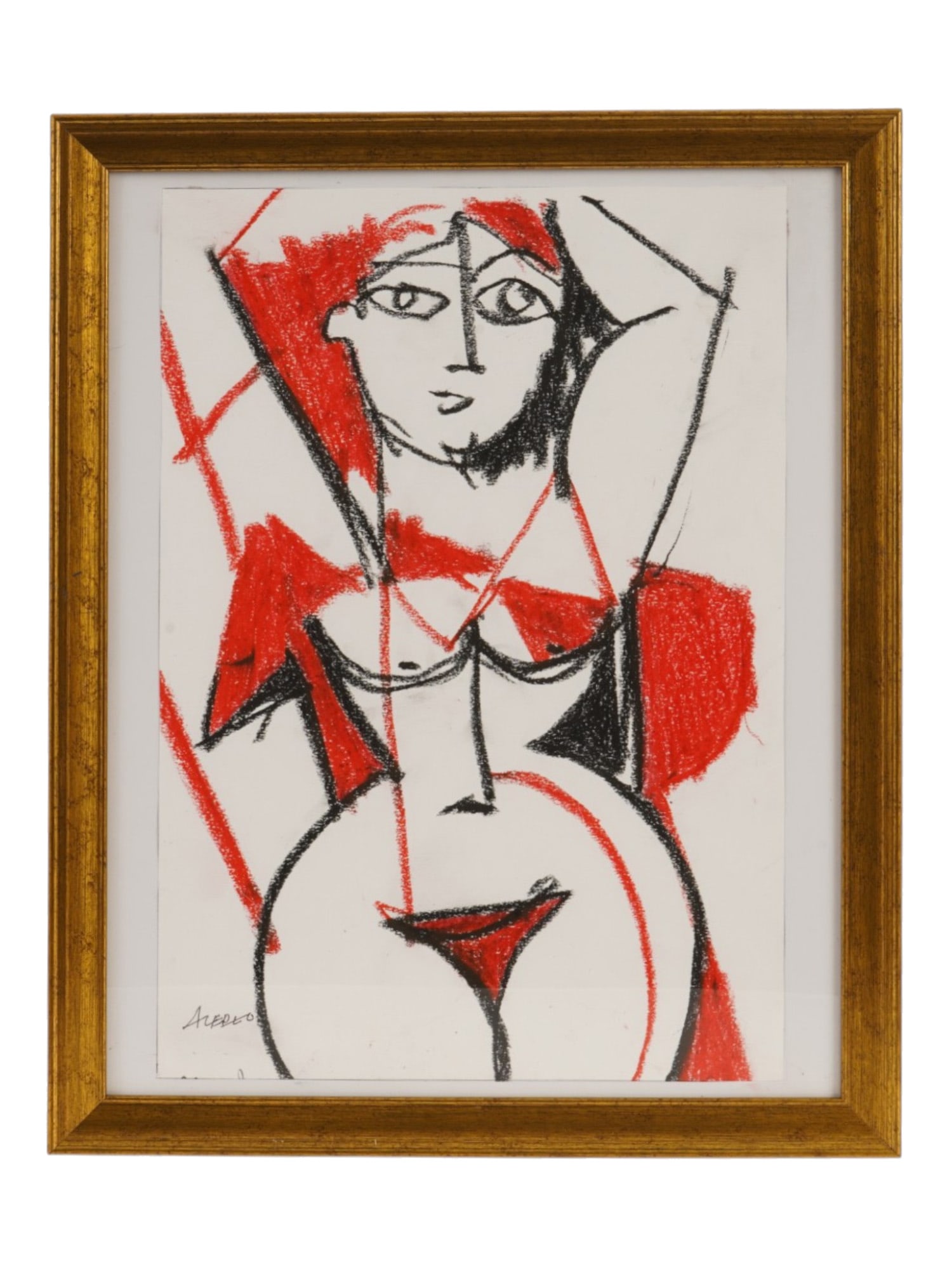 VINTAGE MIXED MEDIA FEMALE NUDE PORTRAIT PAINTING: A vintage mixed media female nude portrait painting. Illegible signature lower left. Framed. The mixed media painting on paper presents a stylized female figure characterized by bold black outlines an