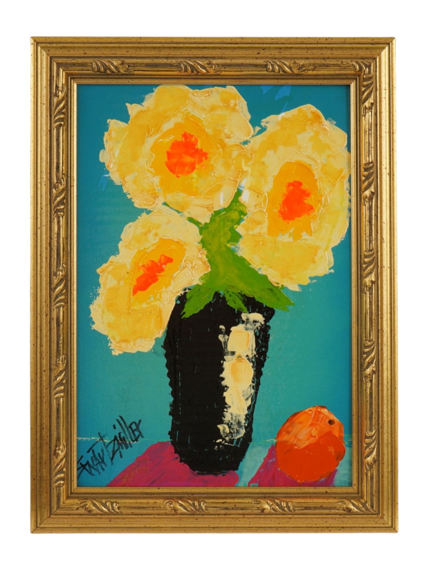 AMERICAN ACRYLIC PAINTING BY MIKE SWARTZMILLER 2024: A modern American acrylic still life painting by Mike Swartzmiller. The painting titled Three White Flowers depicts a bold composition of three blossoms in a dark vase alongside a single orange fruit 