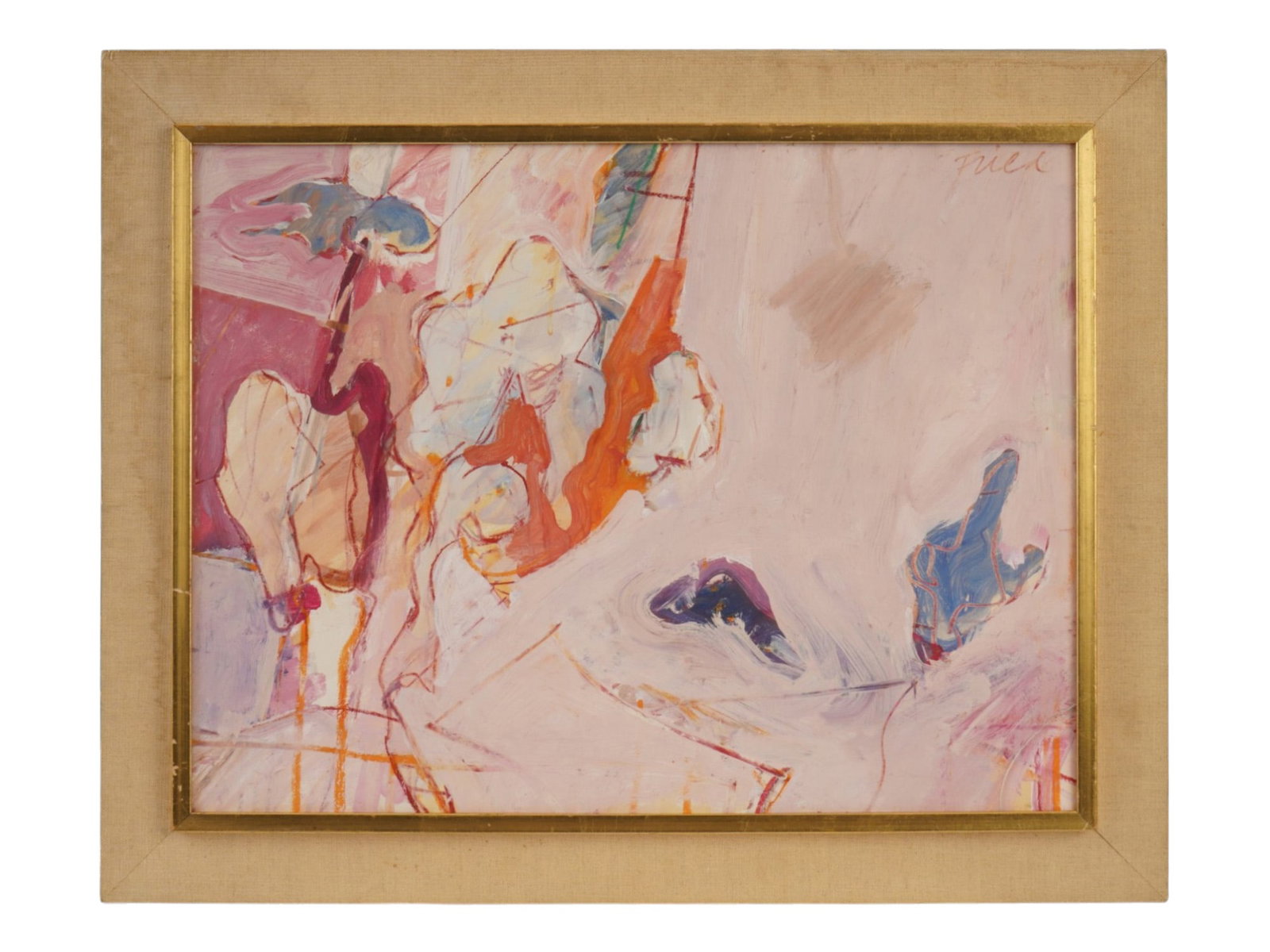 MID CENTURY ABSTRACT WATERCOLOR PAINTING BY FRIED: A mid-century abstract watercolor painting. Signed upper right, Fried. The work features sweeping gestural linework and translucent washes of pastel pink, cream, orange, and cerulean blue. Framed. Abs