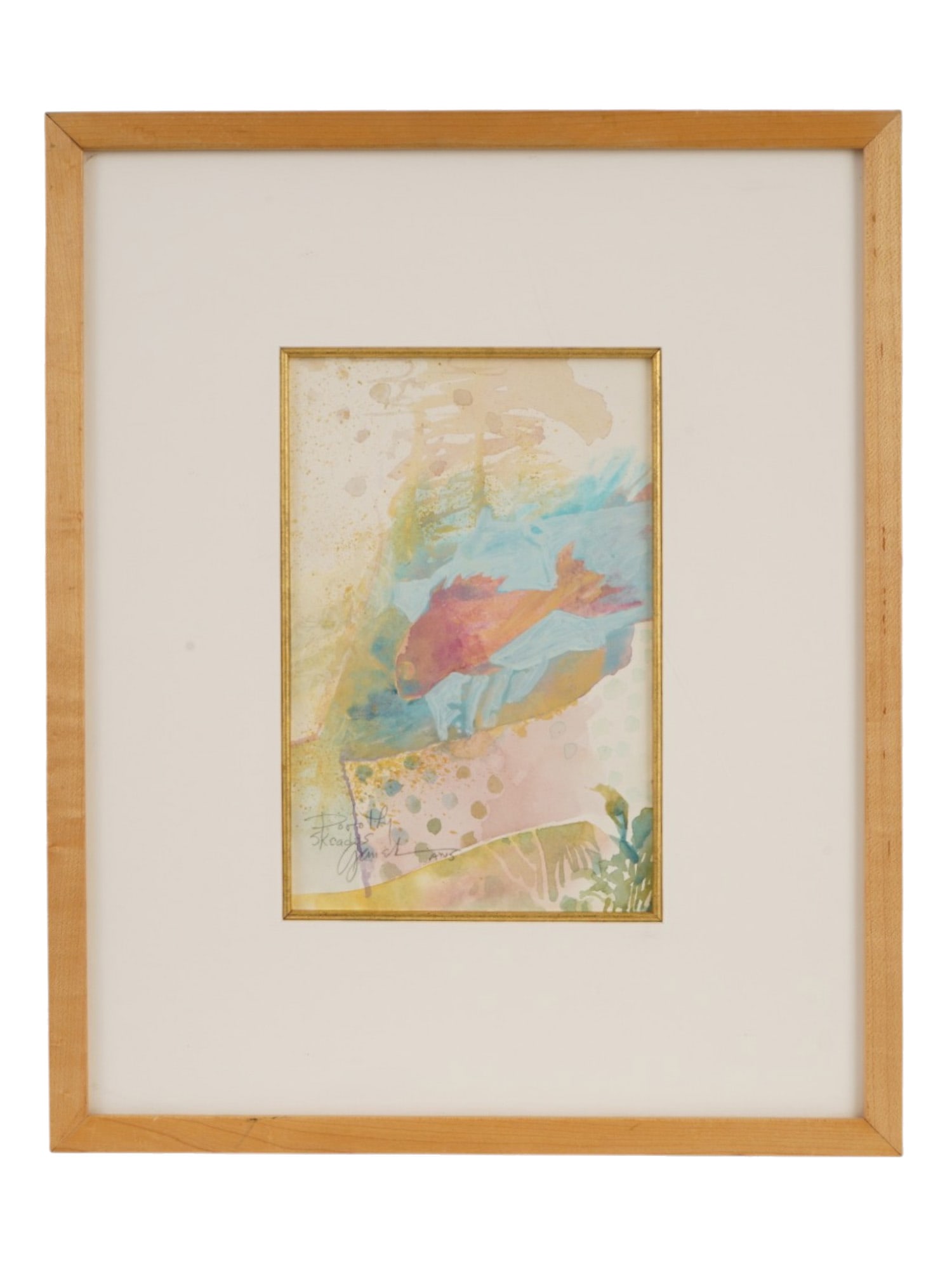 CONTEMPORARY AMERICAN PAINTING BY DOROTHY SKEADOS GANEK: Dorothy Skeados Ganek, American, 21st century, a watercolor painting on paper depicting an abstract composition. The piece combines fluid transparencies, geometric forms, layered textures, and a promi