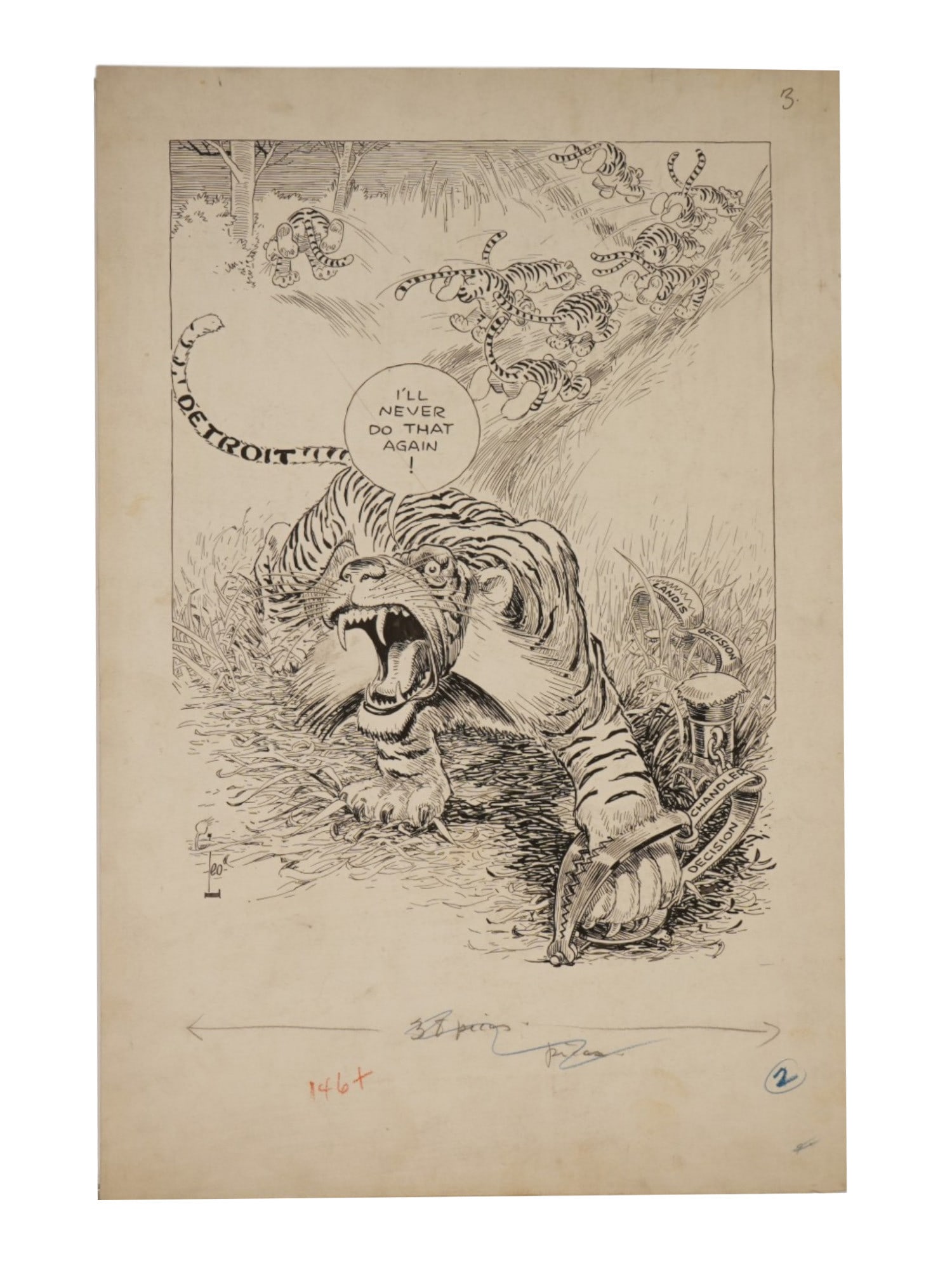 ANTIQUE AMERICAN SPORT INK CARICATURE PAINTING: An antique original ink illustration of a sports sketch caricature. Circa early 20th century. The painting depicts a trapped roaring tiger with the word Detroit written on its tail. Inscribed I ll nev