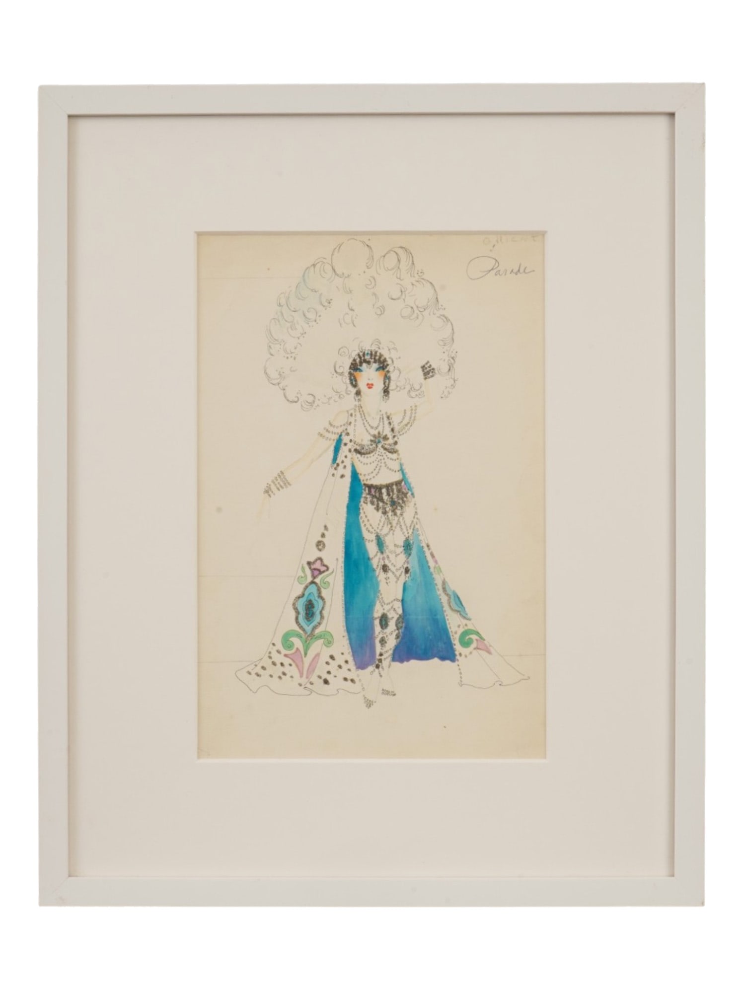 ART DECO COSTUME DESIGN MIX MEDIA SKETCH PAINTING: An Art Deco mixed media sketch painting of a theatrical costume in oriental style. Titled Orient Parade upper right. The artwork depicts a female dancer in a complex, intricate oriental outfit with a 