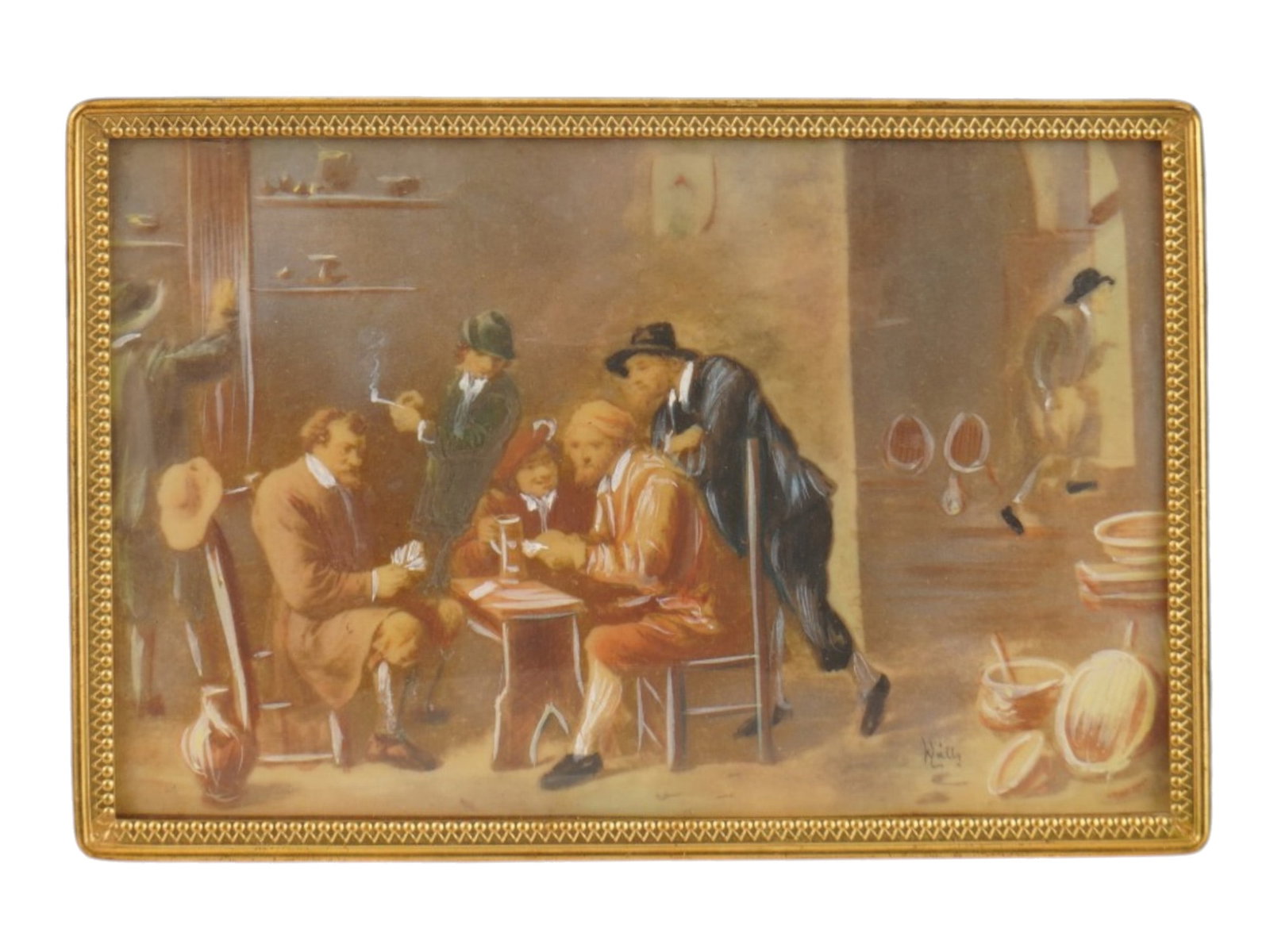CONTINENTAL SCHOOL TAVERN SCENE OIL PAINTING SIGNED: A small Continental School oil painting on board depicting a genre scene set within a rustic tavern interior. The composition features a group of men in period attire, gathered around a central table 