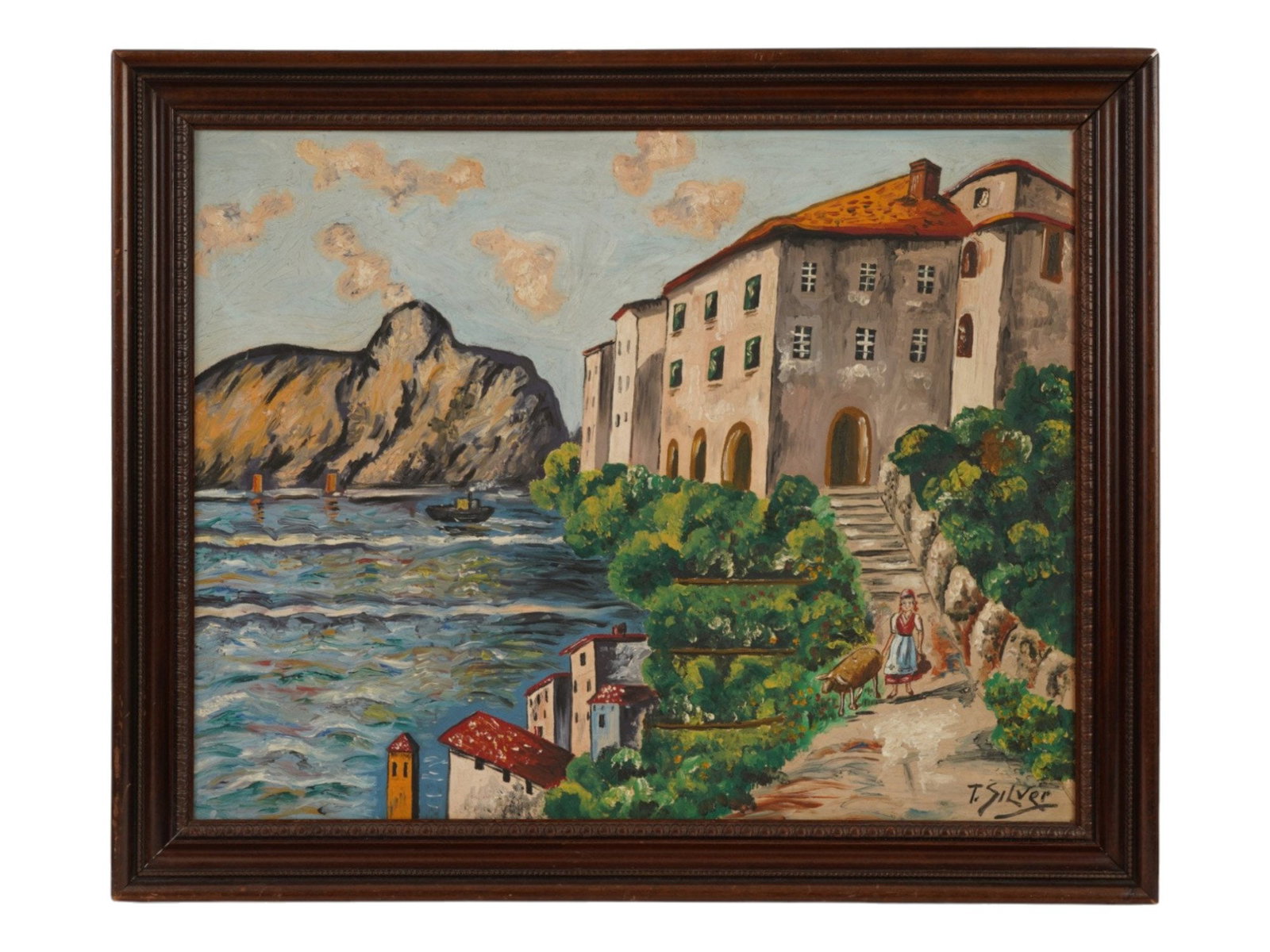 MEDITERRANEAN LANDSCAPE OIL PAINTING BY T SILVER: T. Silver, a 20th century artist, an oil painting on board depicting a Mediterranean coastal scene . Signed lower right. Framed. T. Silver is a 20th century artist, known for landscapes, rural genre s