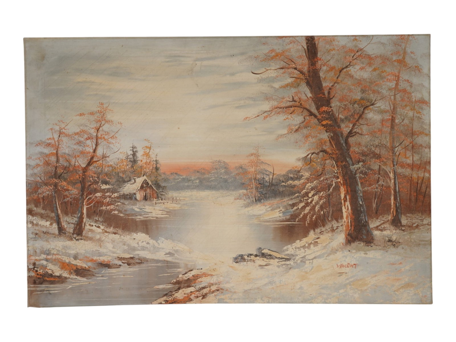 WINTER LANDSCAPE OIL PAINTING SIGNED BY THE ARTIST: A European School oil painting on canvas depicting a rural landscape scene. Signed by the artist, Vincent, lower right. Vintage and Modernist Fine Art, Landscape and Village Scene Oil Paintings, Wall 