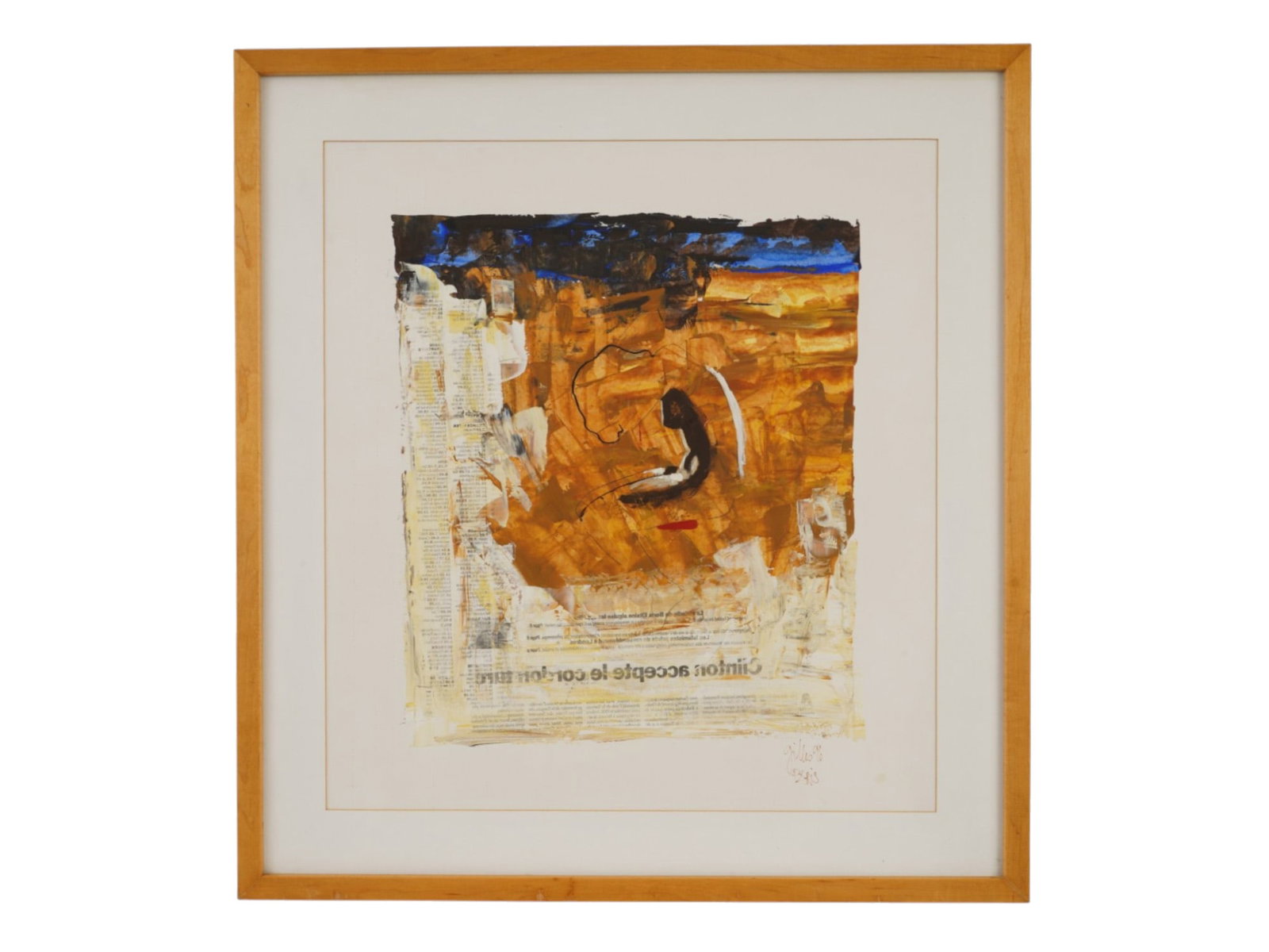 ABSTRACT COLLAGE MIXED MEDIA PAINTING SIGNED BY ARTIST: A French School mixed media painting collage depicting an abstract composition. Signed by the artist, probably Gilles, dated 96, and inscribed, paris, lower right. Framed. Modernist and Contemporary E