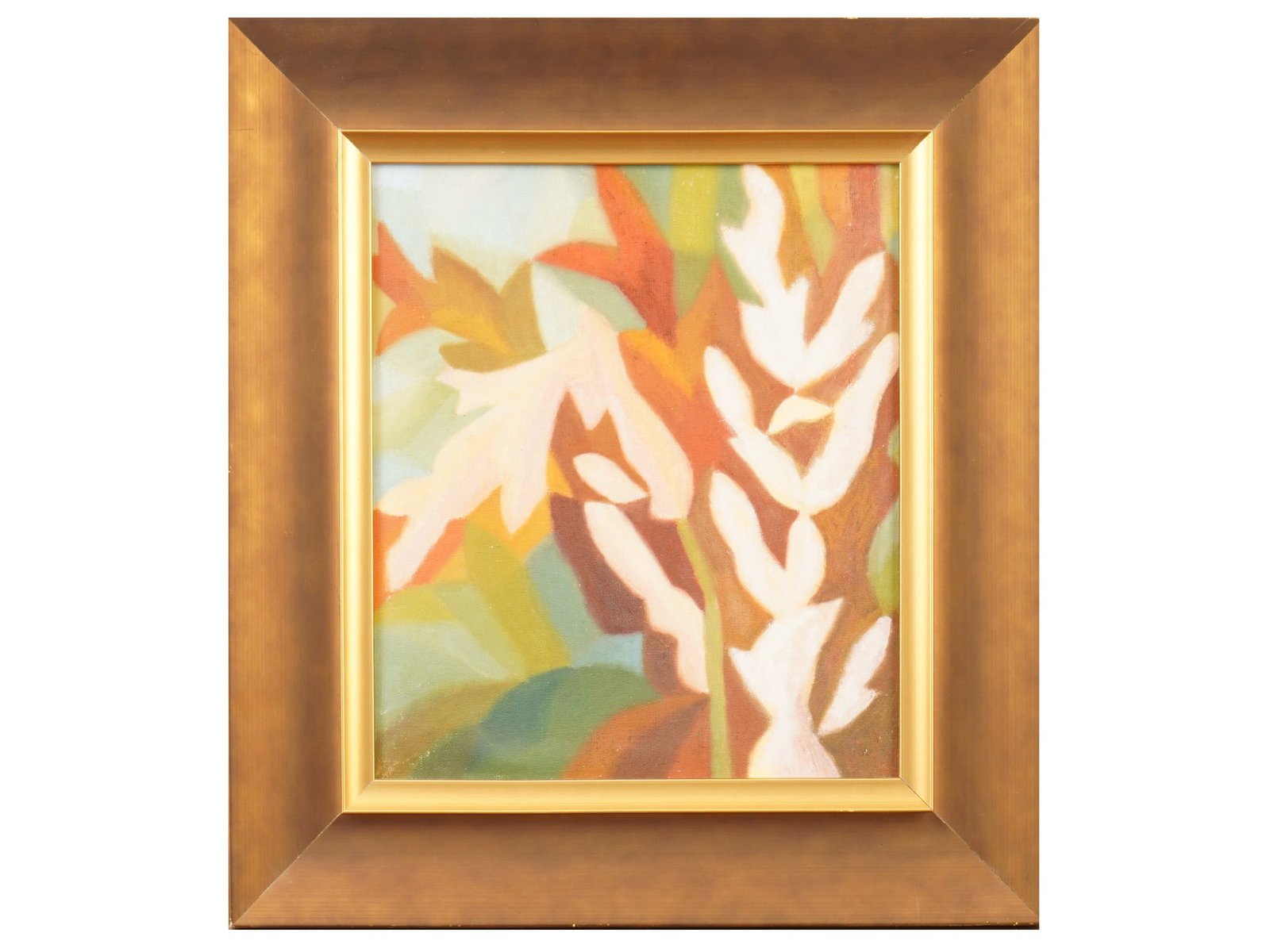 VINTAGE 1986 RUSSIAN SOVIET OIL FLORAL PAINTING: A vintage, 1986, Russian Soviet oil on canvas on board stylized floral study executed with a palette of white, burnt orange, and verdant green. The composition features rhythmic, organic forms charact