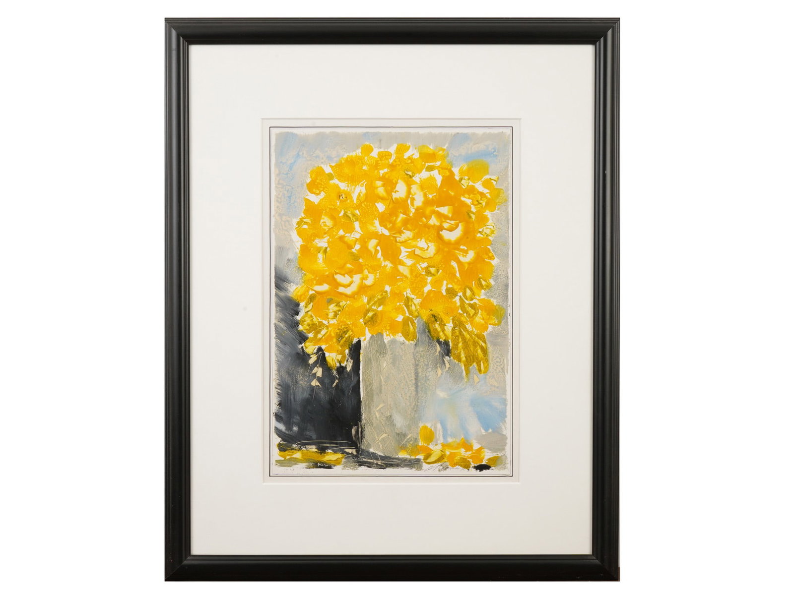 STILL LIFE MIXED MEDIA PAINTING BY MARCHENKO: A still life mixed media painting on paper signed Marchenko, features a dense arrangement of yellow blossoms rendered in an expressive, painterly style. The artwork utilizes a vibrant palette of lemon