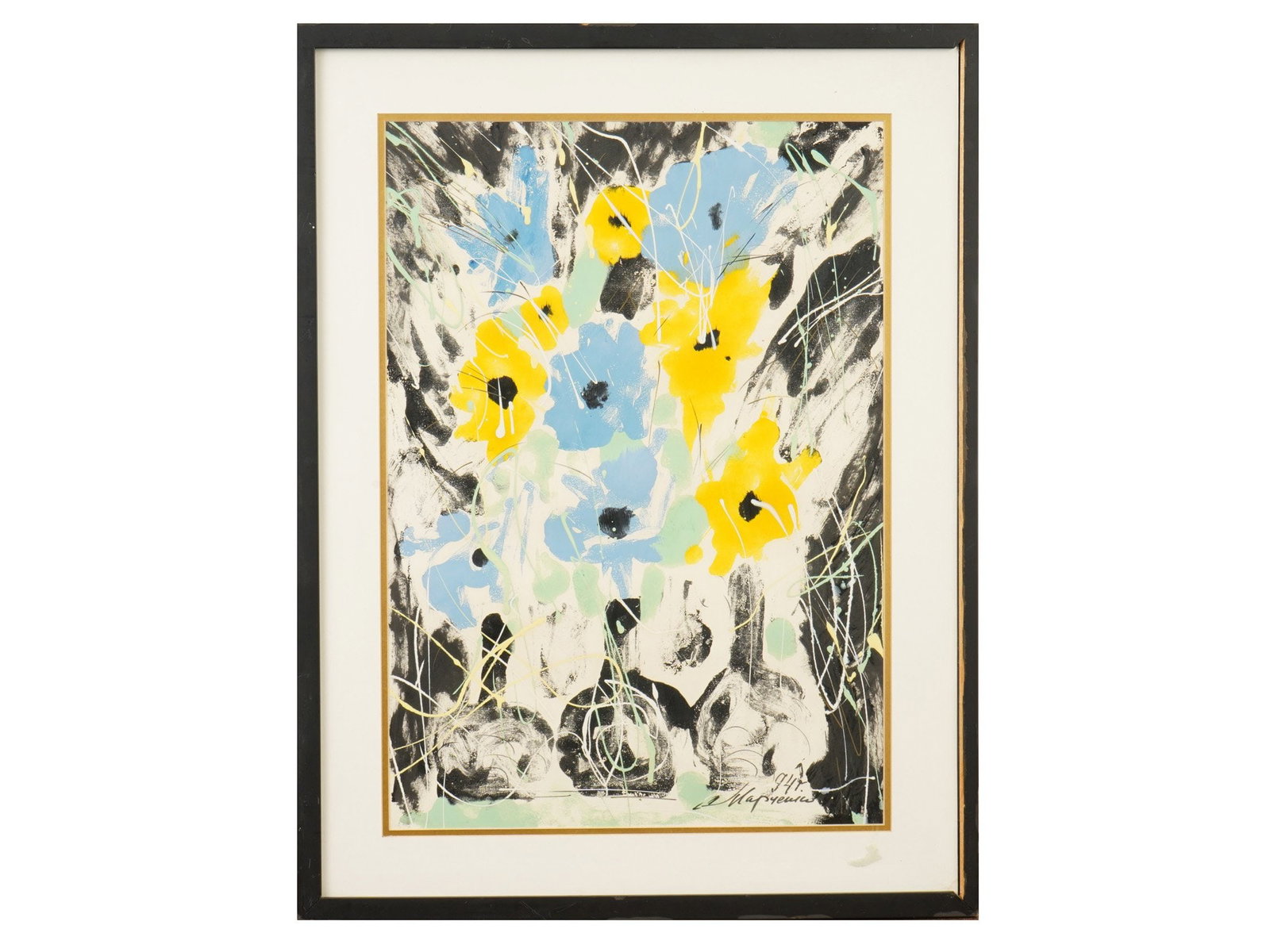 STILL LIFE MIXED MEDIA PAINTING BY MARCHENKO: A Modernist Russian School mixed media painting on paper depicting a still life with flowers in the Expressionist manner. Signed by the artist in Cyrillic, Marchenko, and dated 94, lower right. Framed