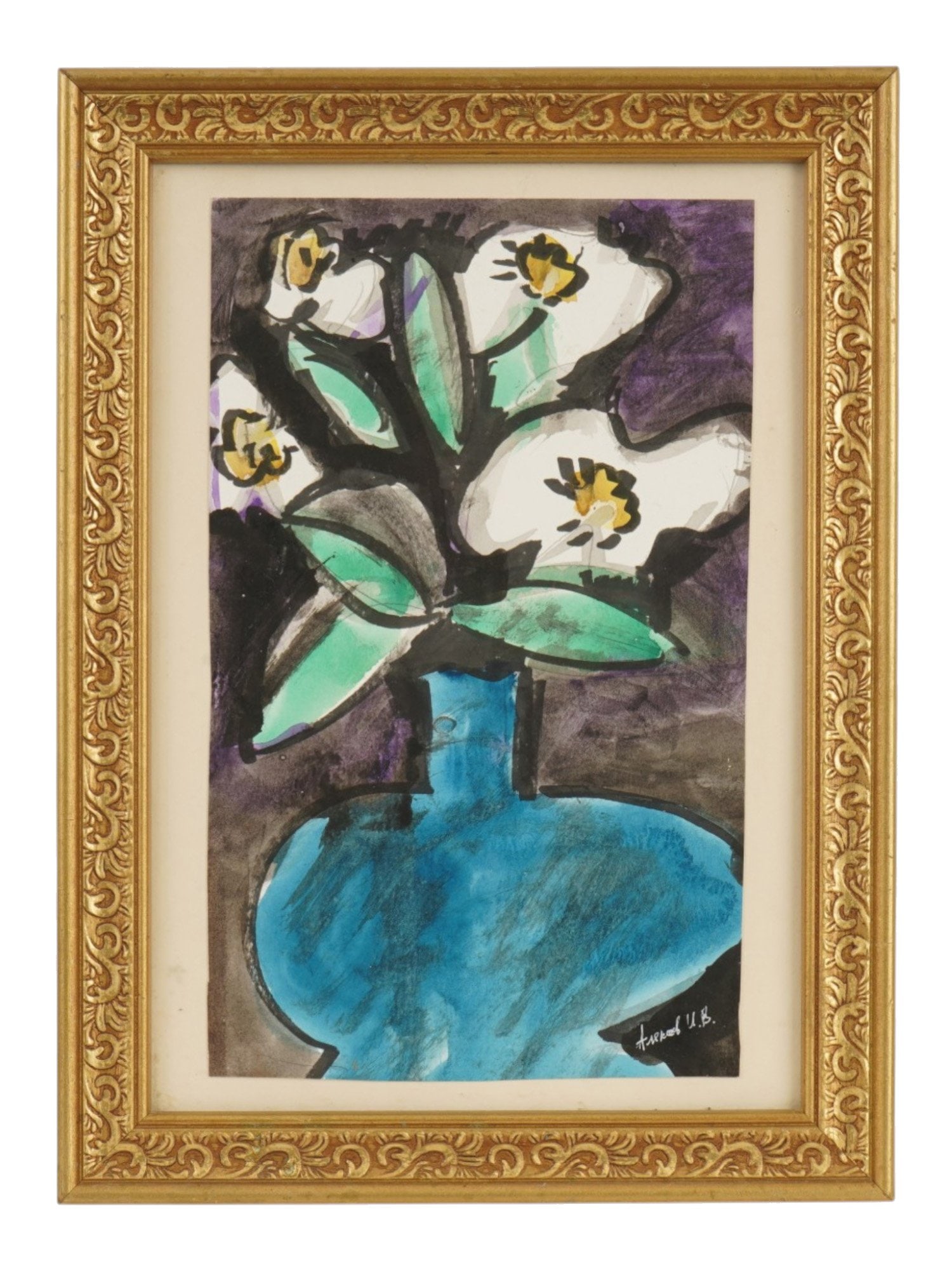 IVAN ALEKSEEV RUSSIAN STILL LIFE WATERCOLOR PAINTING: Ivan Alekseev, Russian, 1894 to 1964, watercolor painting on paper. Still life with a vase of flowers. Signed lower right. Undated. Framed. Ivan Alekseev was a Russian stage designer, student of Leoni