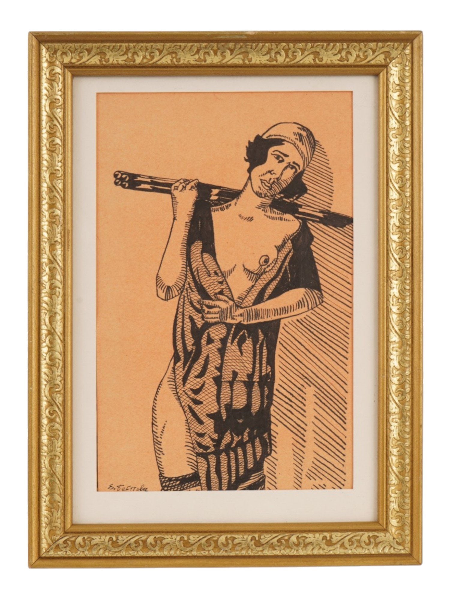RUSSIAN SOVIET INK NUDE PAINTING BY ELENA BEBUTOVA: A Russian Soviet ink on paper nude painting by Elena Mikhailovna Bebutova, 1892 to 1970, a renowned Soviet artist, graphic artist, and theater set designer. The drawing depicts a stylized female figur