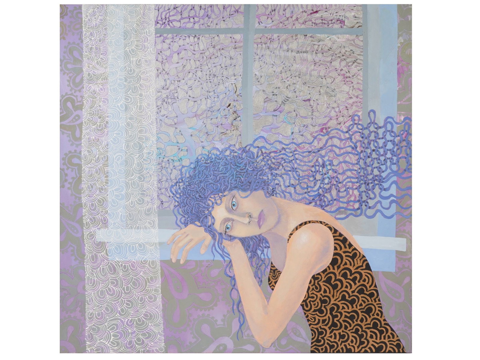 CONTEMPORARY MIXED MEDIA PAINTING OF FEMALE PORTRAIT: A mixed media painting on canvas features a stylized portrait of a woman with voluminous blue hair in a pensive, leaning pose. The figure is set against a complex, textured background characterized by