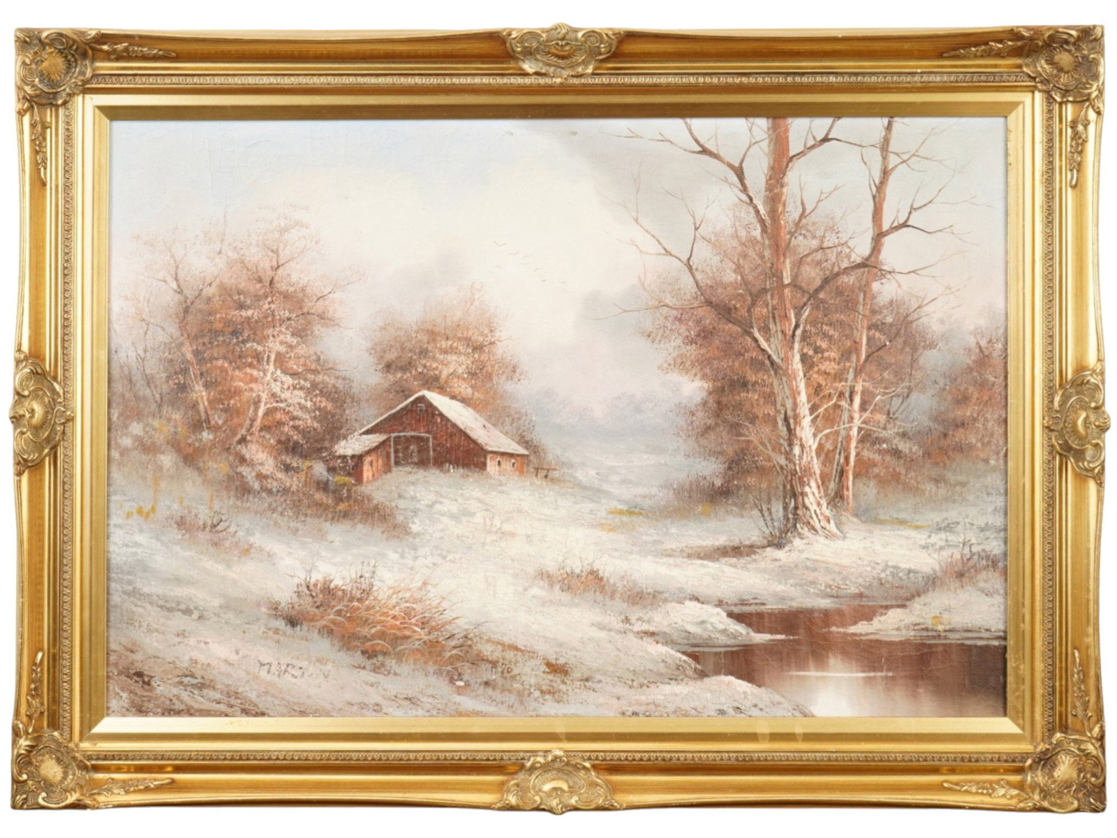 RURAL WINTER LANDSCAPE OIL PAINTING SIGNED BY ARTIST: An oil painting on canvas depicting a rural winter landscape. Signed by the artist, Martin, lower left. Framed. Modernist and Contemporary Fine Art, Village Genre Scene and Landscape Paintings, and Co