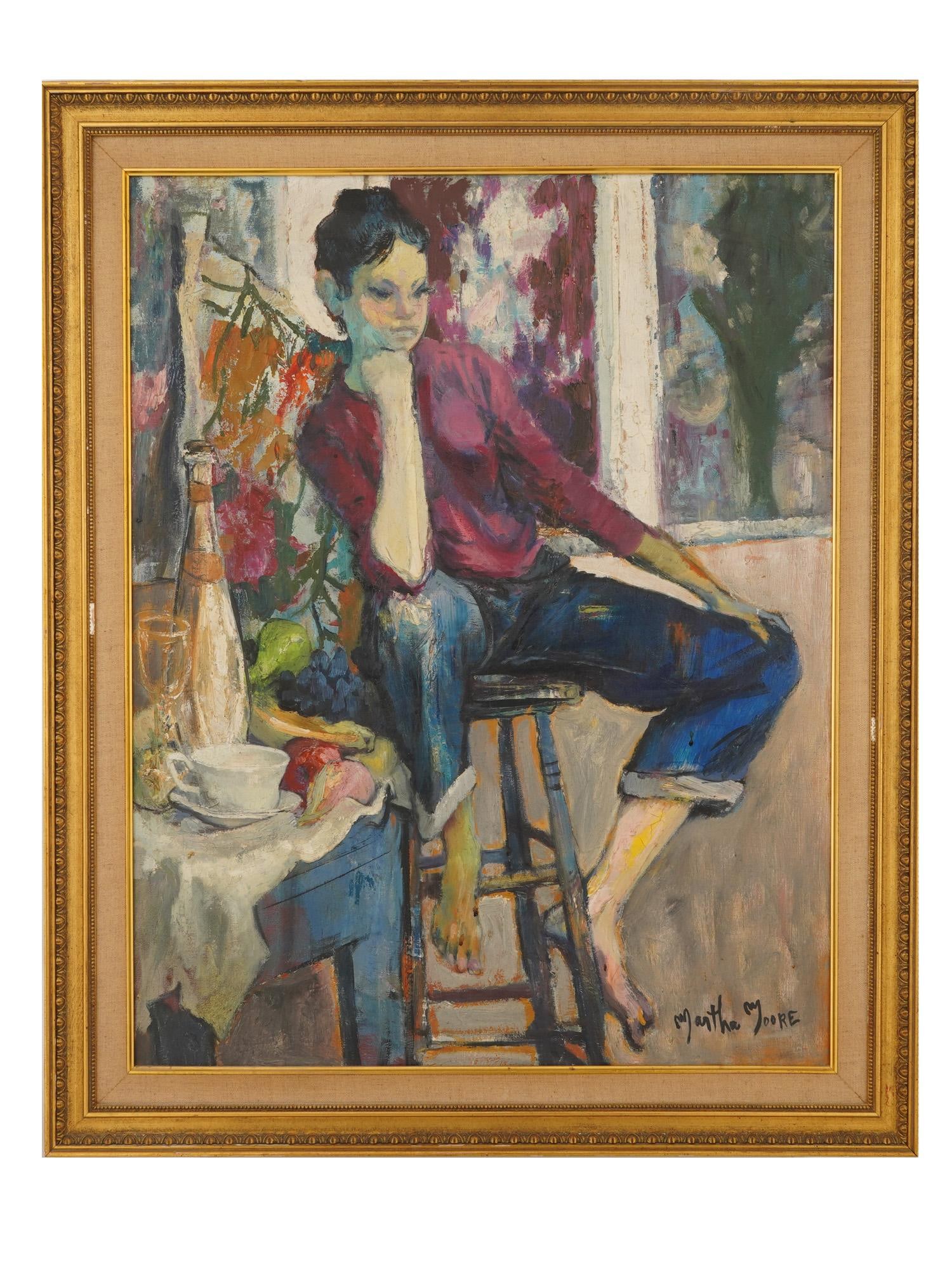 MARTHA MOORE AMERICAN FEMALE PORTRAIT OIL PAINTING: Martha Moore, American, 1913 to 1982, oil painting on canvas. Studio study of a seated female figure. Signed lower right. Undated. Framed. Martha Moore was born in Bayonne, New Jersey and studied at t