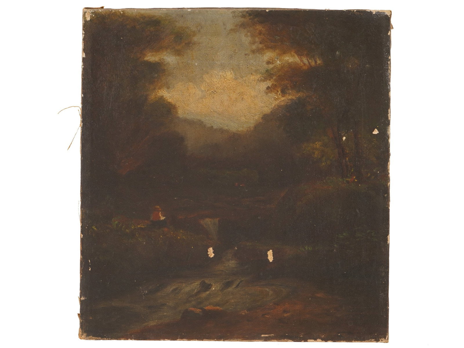 EUROPEAN SCHOOL FOREST LANDSCAPE SCENE OIL PAINTING: A European School oil painting on canvas depicting a genre scene in a forest landscape. Unframed. Antique and Vintage European School Fine Art, Landscape and Genre Scenes Oil Paintings, and Collectibl