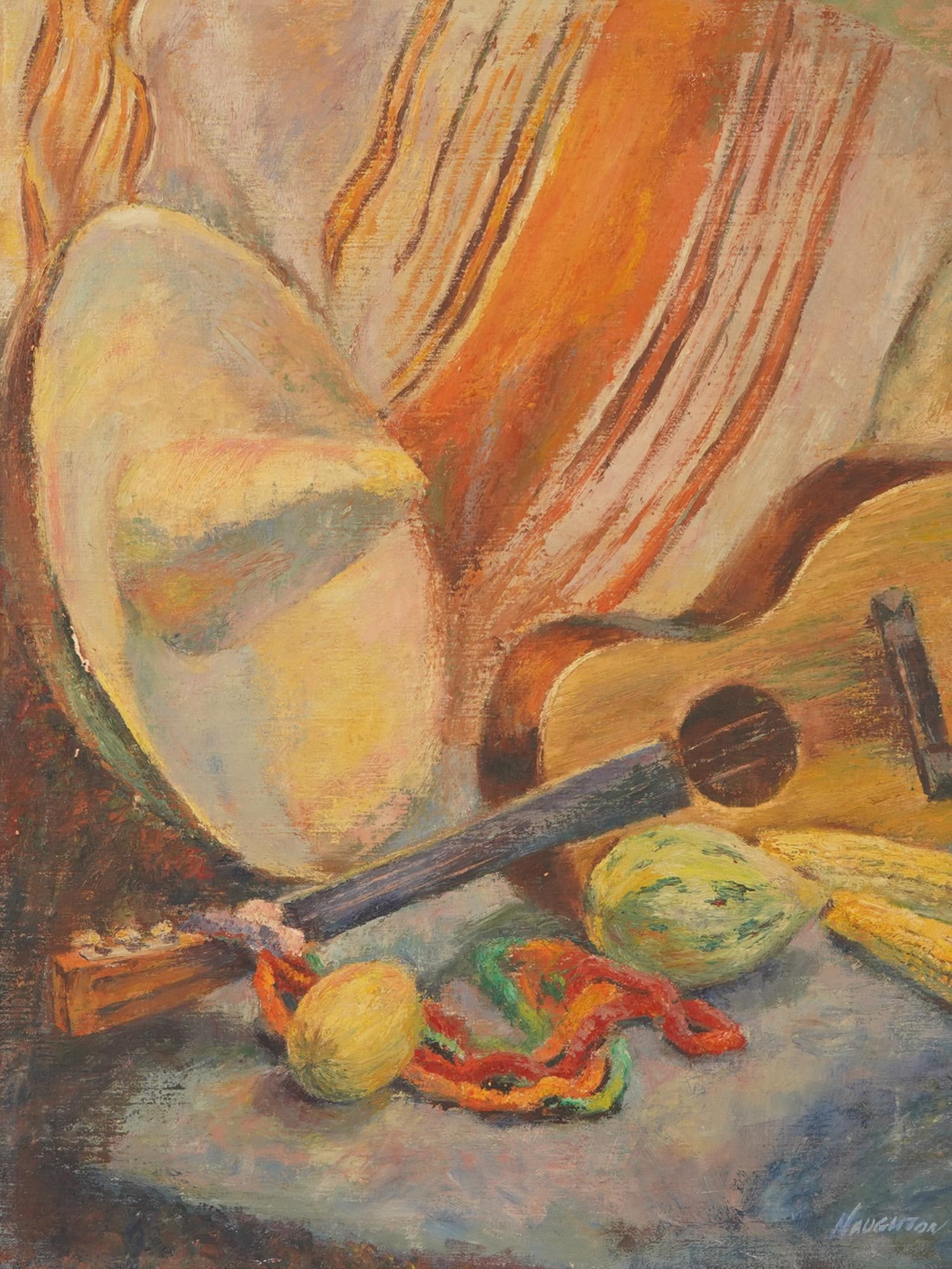MODERNIST STILL LIFE OIL PAINTING SIGNED NAUGHTON: A Modernist oil painting on canvas depicting a still life with a Sombreo hat, a guitar, and vegetables. Signed, Naughton, lower right. Sketch paintings are on the backside. Framed. Modernist and Conte