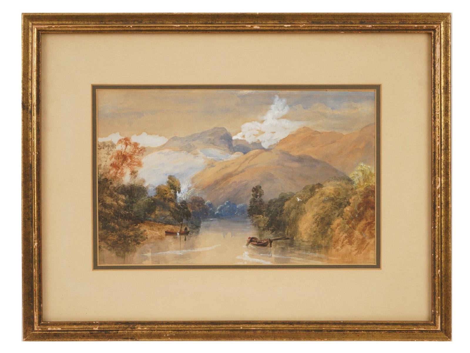 EUROPEAN SCHOOL LANDSCAPE SCENE WATERCOLOR PAINTING: A European School watercolor painting on paper depicting a mountain river landscape scene in the manner of Romanticism. Unsigned. Framed. Antique and Vintage European Fine Art, Landscape Paintings, an