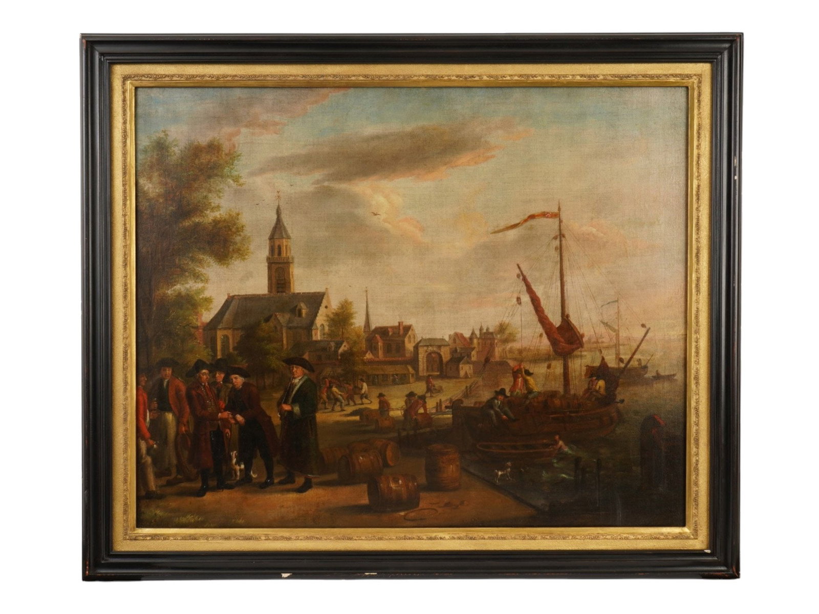 ANTIQUE NORTH EUROPEAN OIL HARBOR SCENE PAINTING: An antique North European oil on canvas Harbor scene painting. Executed in the style of Dutch or Flemish painting of the 17th or 18th centuries. In the foreground, a group of people in period dress, w
