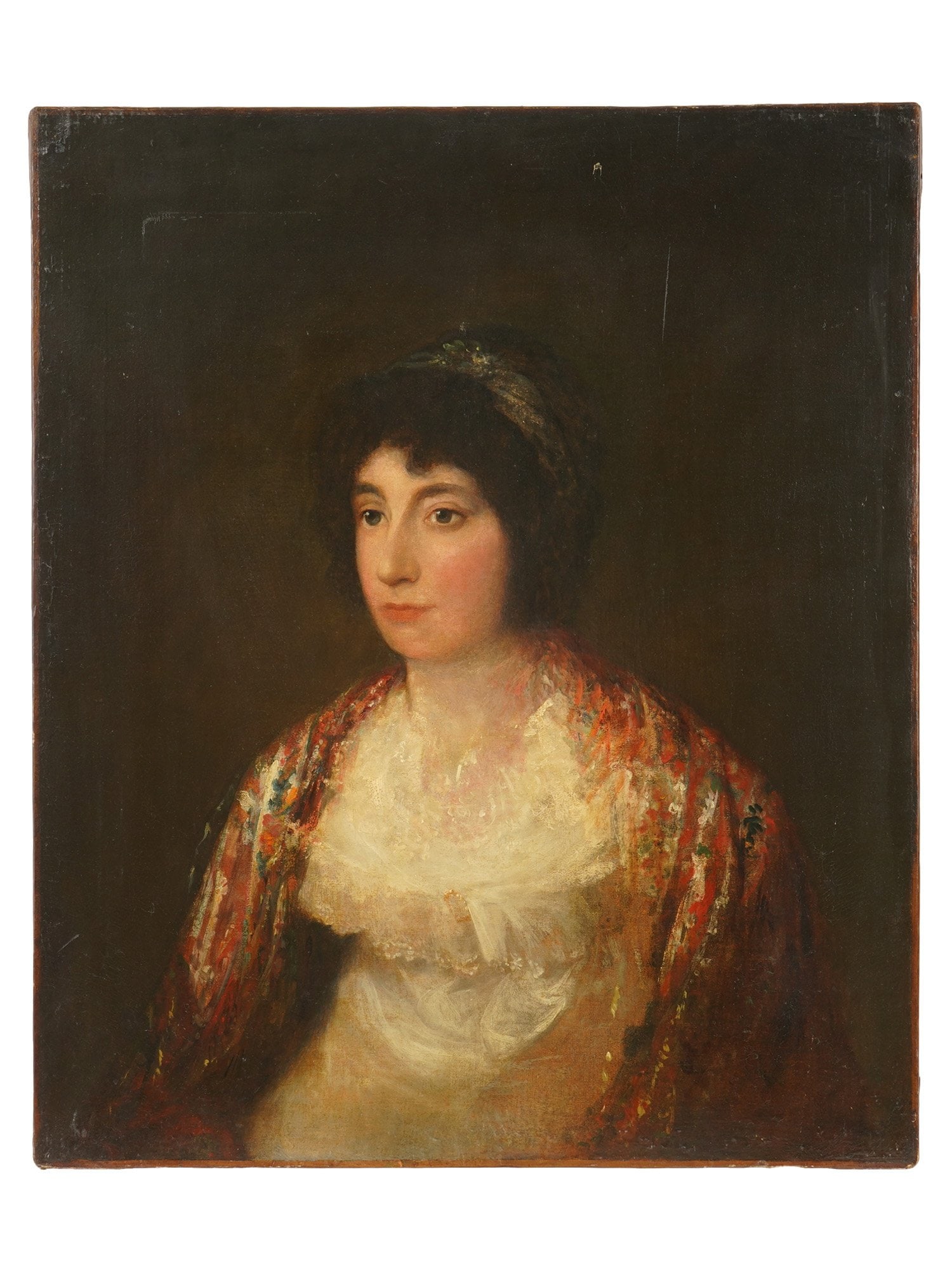 ANTIQUE EUROPEAN OIL TILLA DURIEUX PORTRAIT PAINTING: An antique European oil on canvas portrait painting. The bust-length portrait of a woman, identified as the actress Tilla Durieux, depicted in a three-quarter view against a dark, monochromatic backgr
