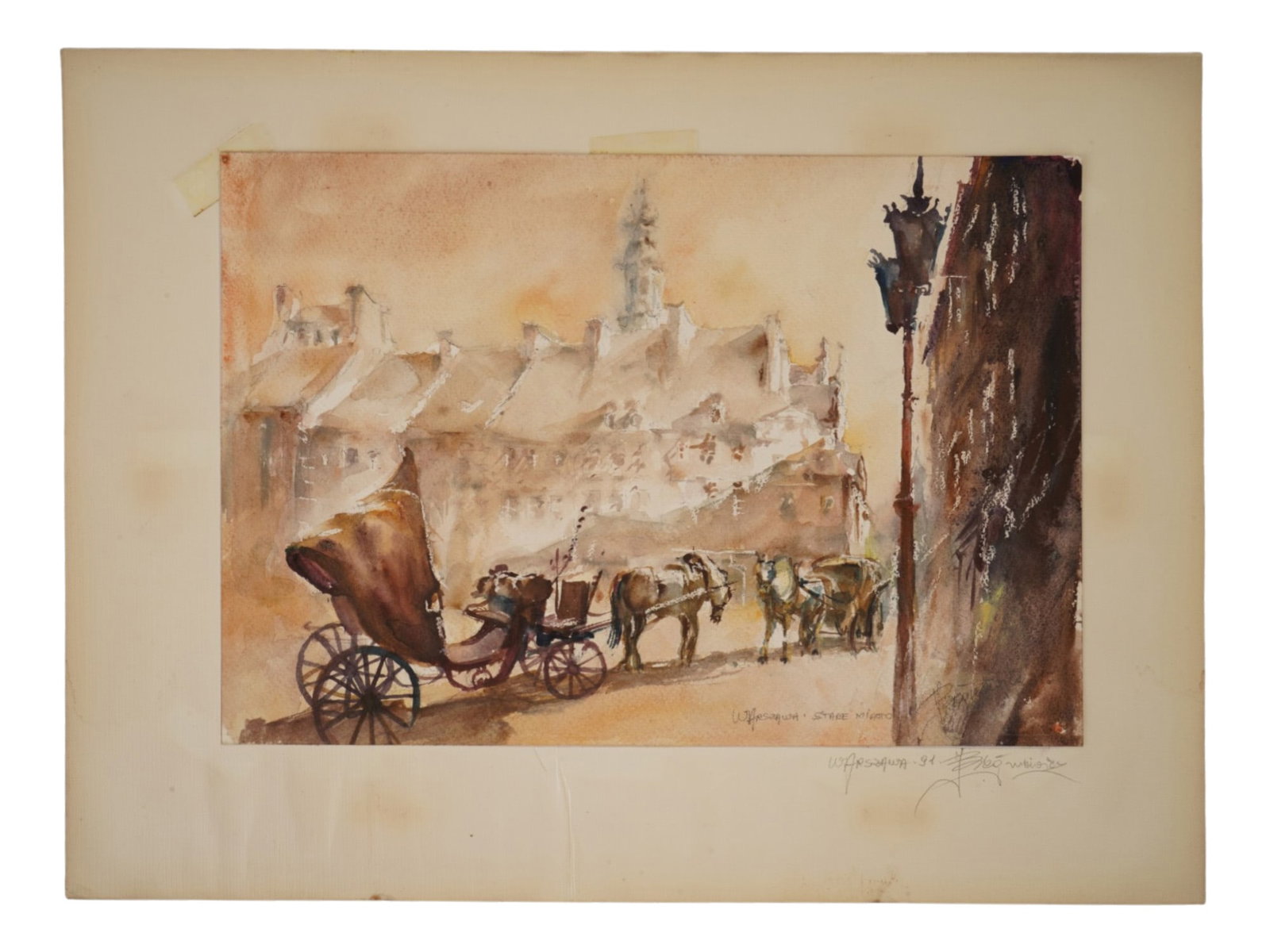 VINTAGE POLISH WATERCOLOR CITYSCAPE PAINTING 1991 (1 of 5)